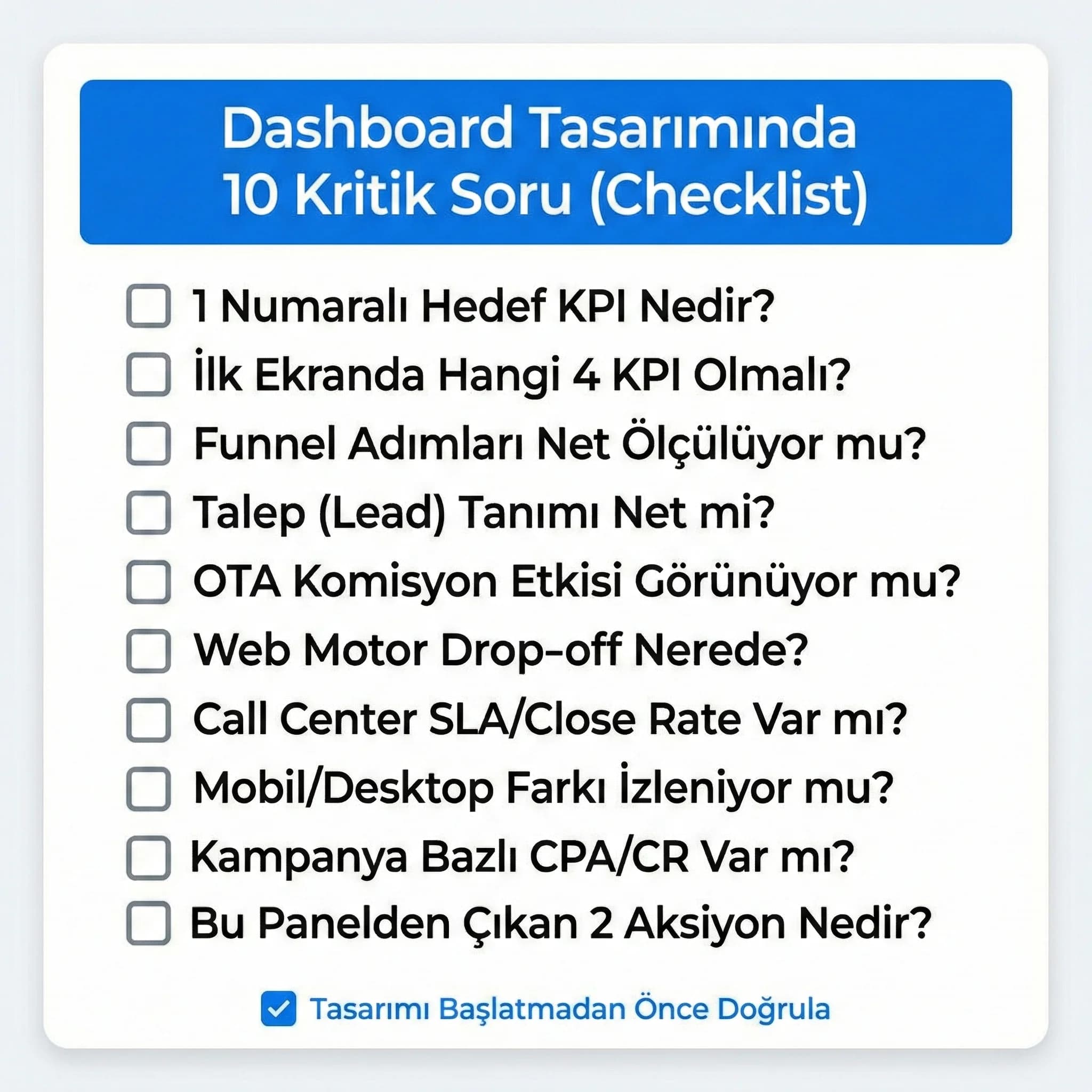 Dashboard tasarımında 10 soru, otel yöneticisi için hızlı kontrol listesi