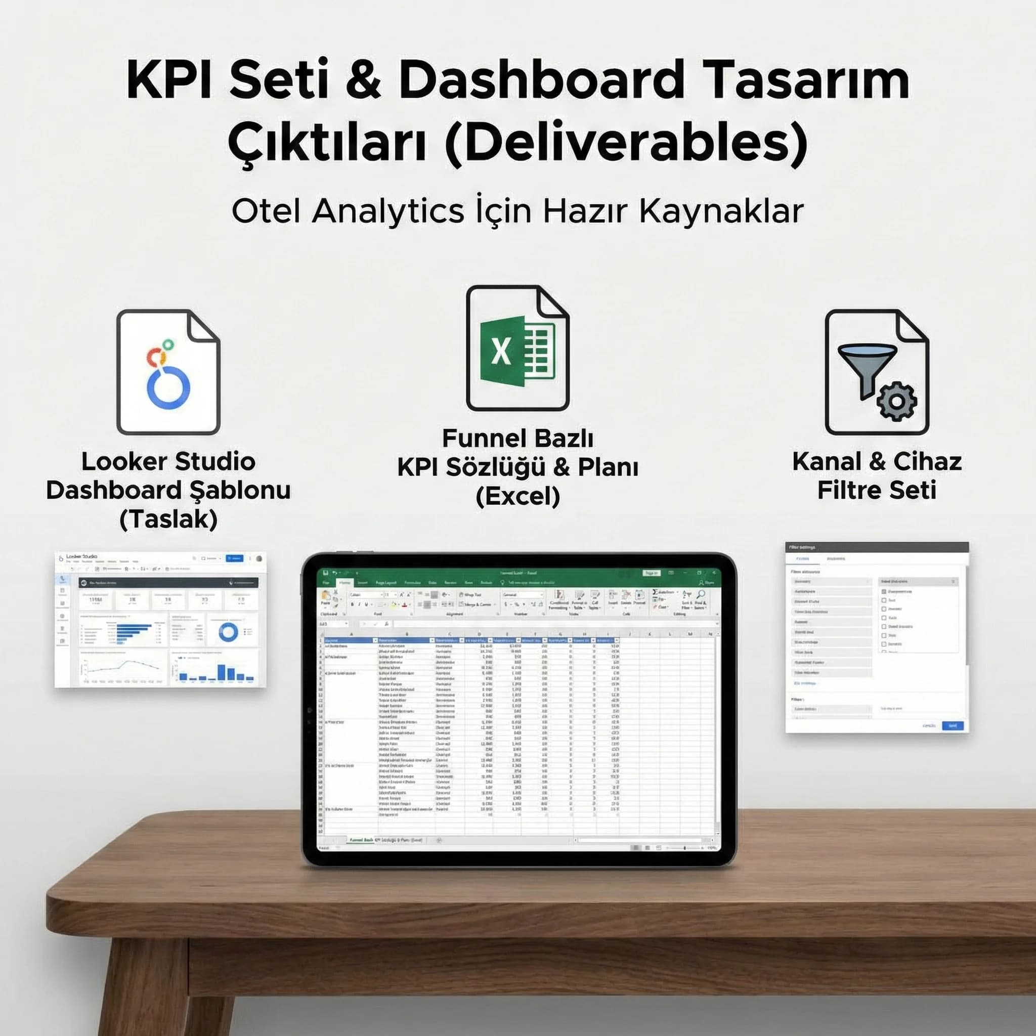 KPI seti ve Looker Studio teslimatları, otel analytics panel çıktılar