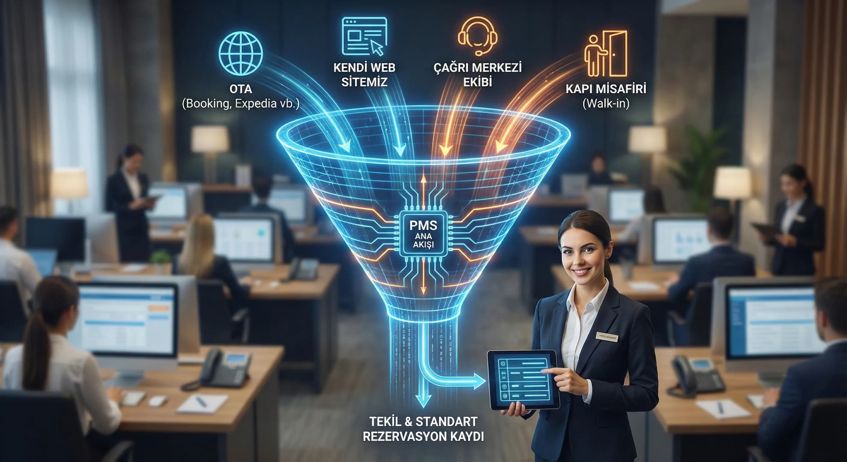 OTA web çağrı merkezi rezervasyonlarının PMS’te birleştiği otel bağlamlı akış görseli