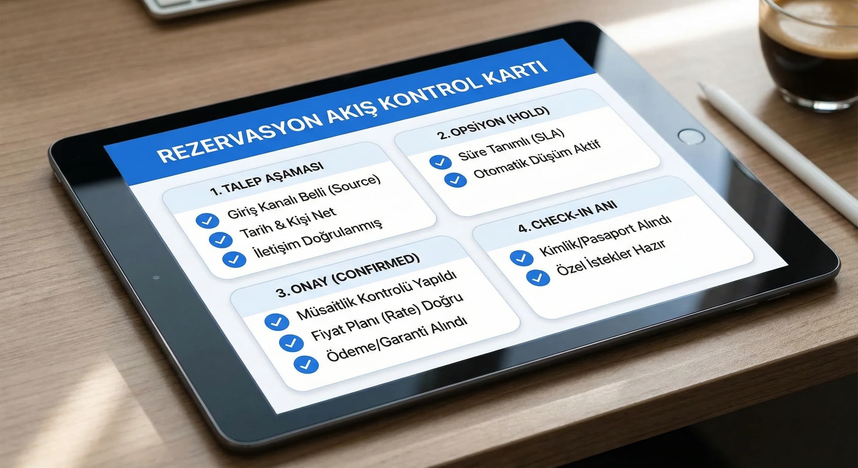 Talep opsiyon onay check-in adımlarını özetleyen otel rezervasyon kontrol kartı