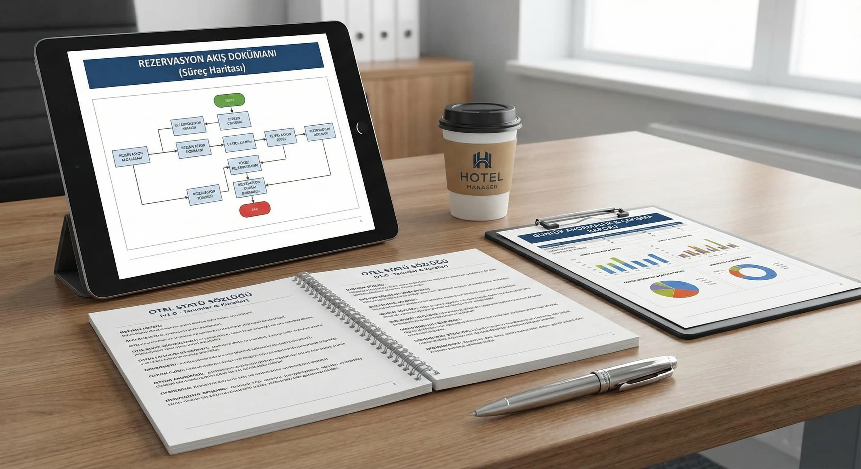 Akış dokümanı statü sözlüğü ve rapor çıktılarıyla otel rezervasyon deliverable kartı