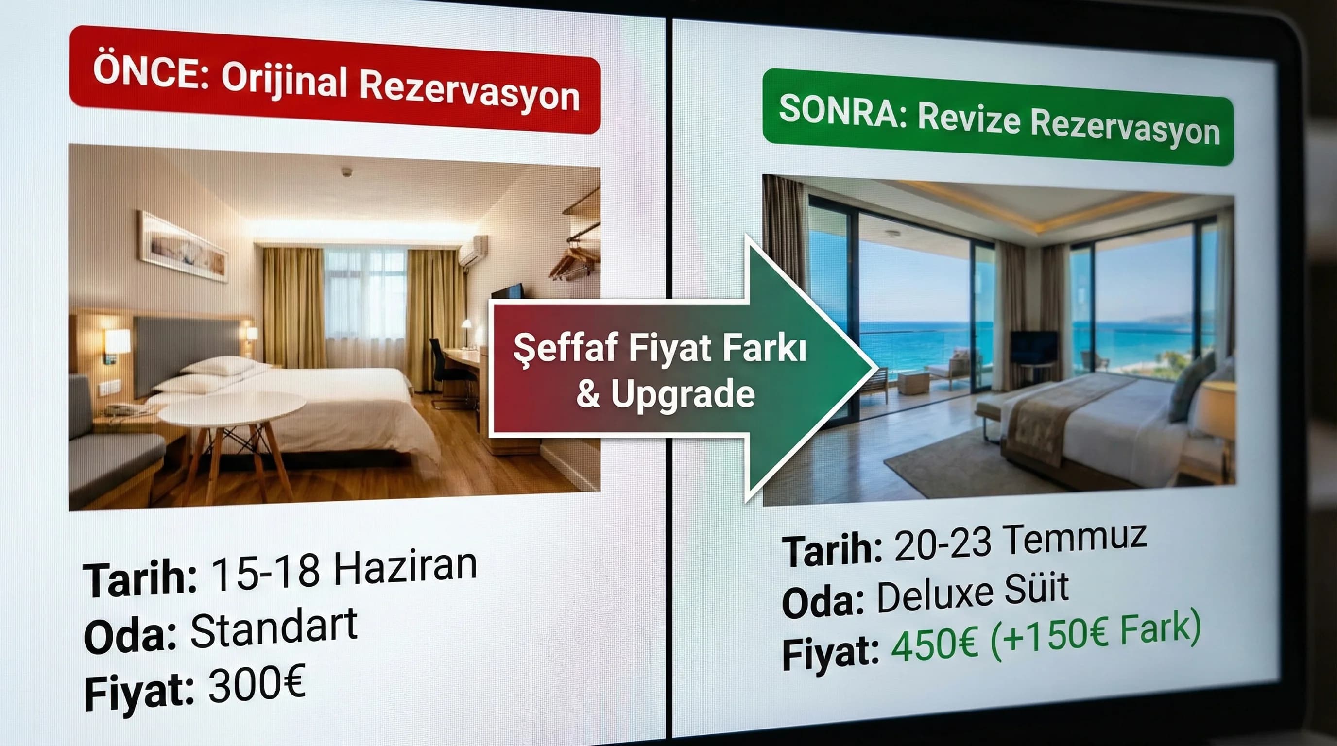 Revizyon öncesi ve sonrası oda fiyat bilgisini gösteren otel context görseli