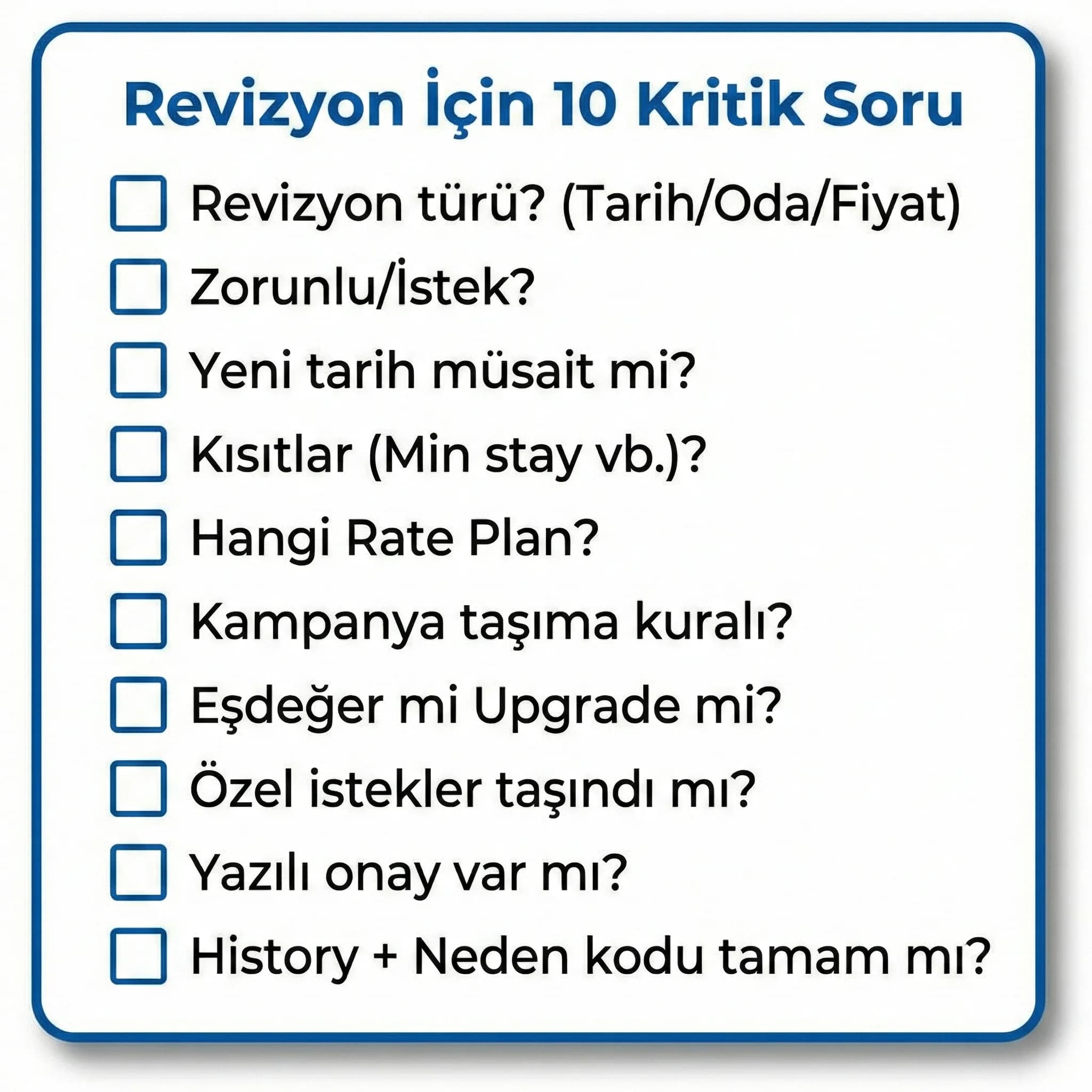 Rezervasyon revizyonu için on soruluk kontrol setini özetleyen otel kartı
