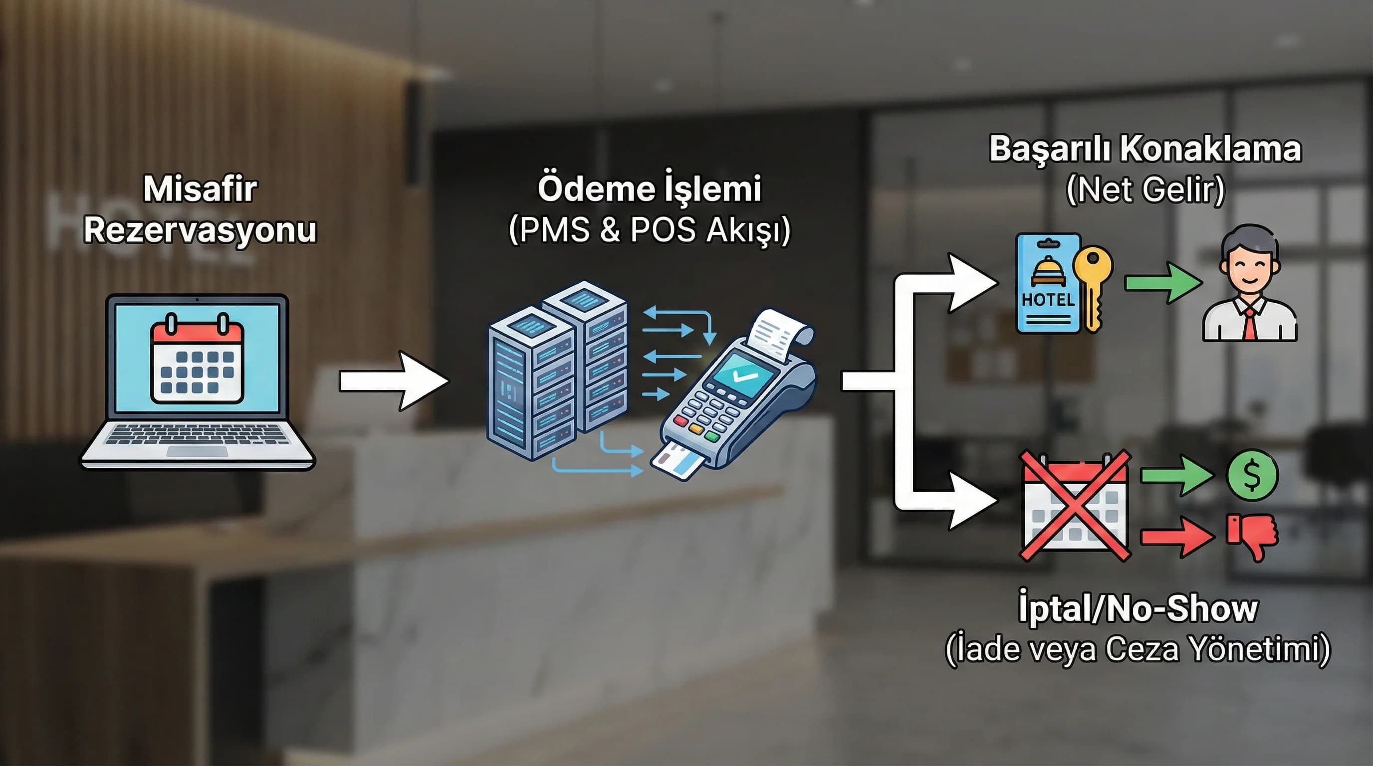 Rezervasyon ödeme ve iade sürecini gösteren otel context görseli