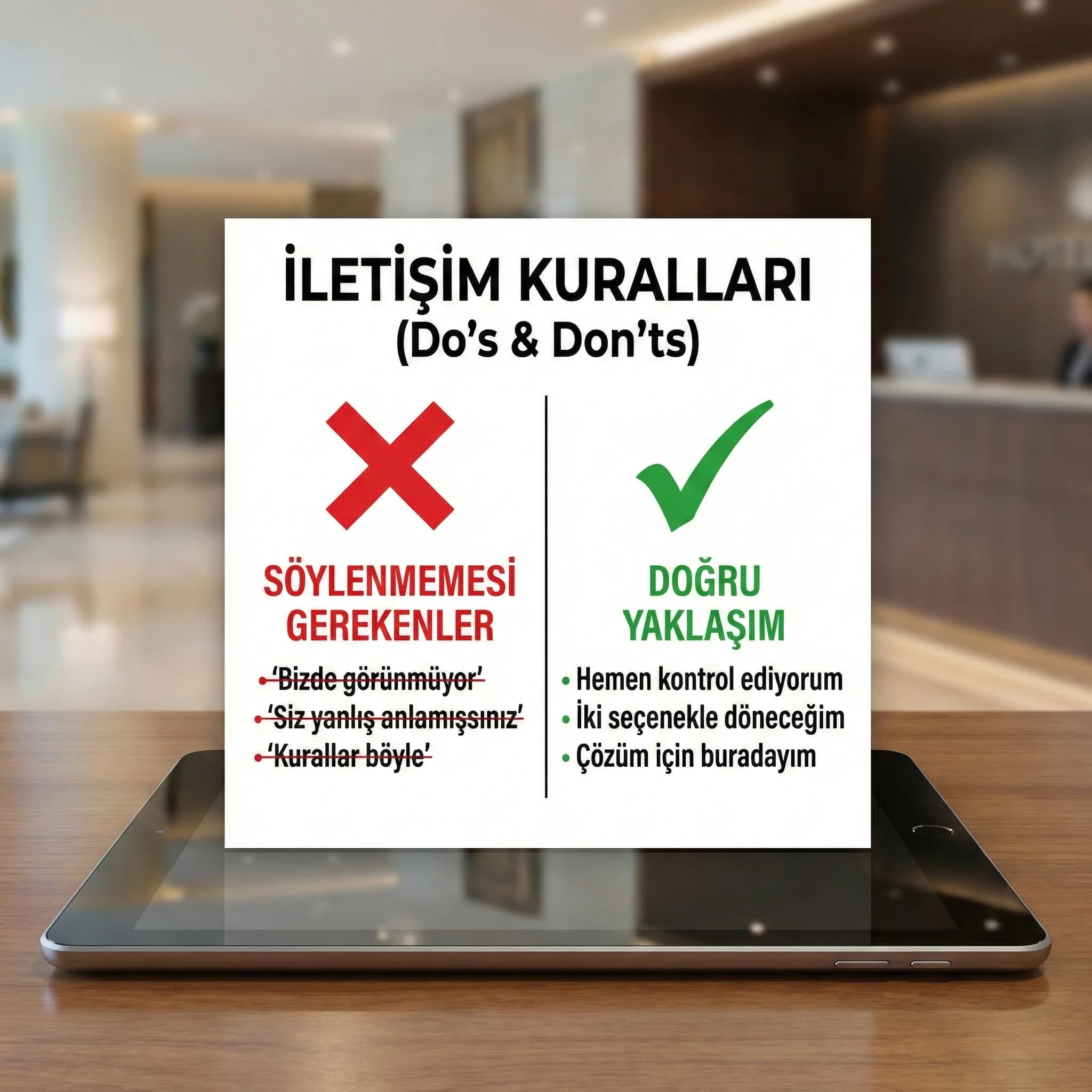 Şikayet anında söylenmemesi gereken cümleleri özetleyen otel checklist kartı