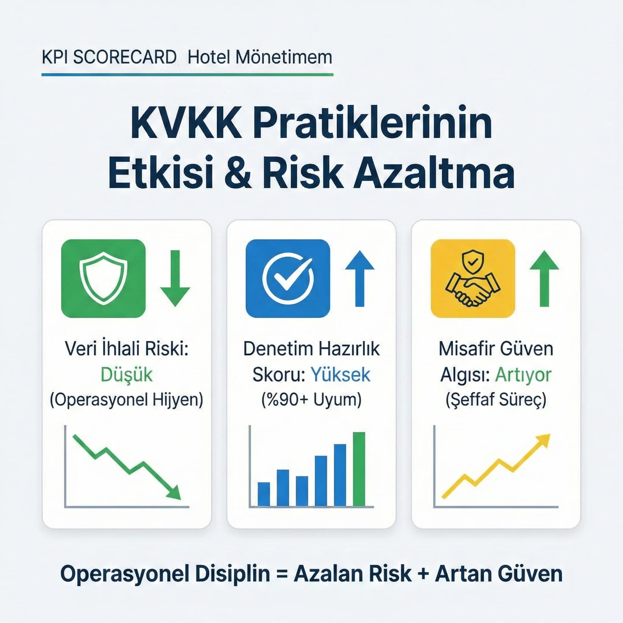 KVKK risk azaltma ve denetim hazırlığını gösteren otel KPI kartı