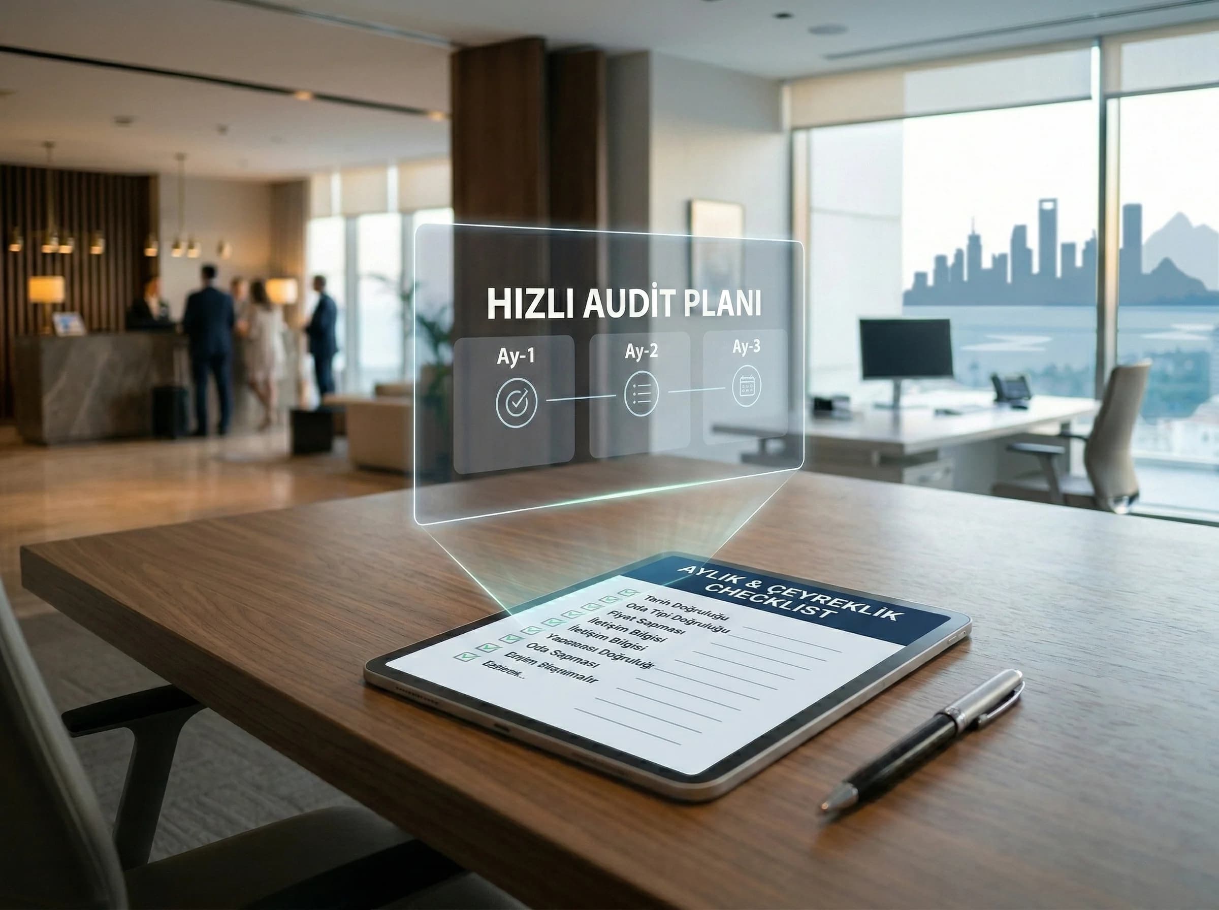 İlk üç ay hızlı audit planını özetleyen otel QA checklist kartı