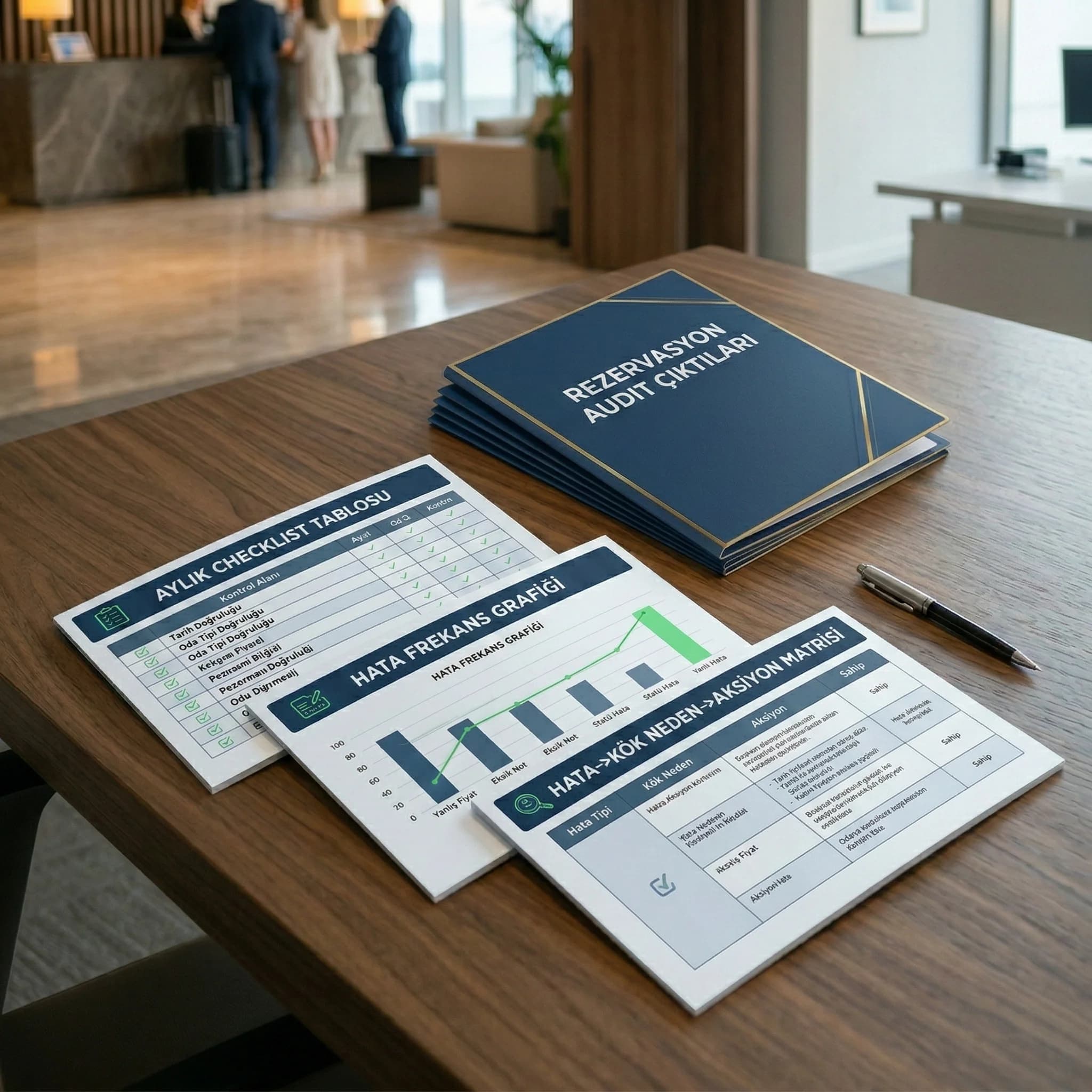 Audit checklist ve aksiyon matrisini gösteren otel deliverables kartı