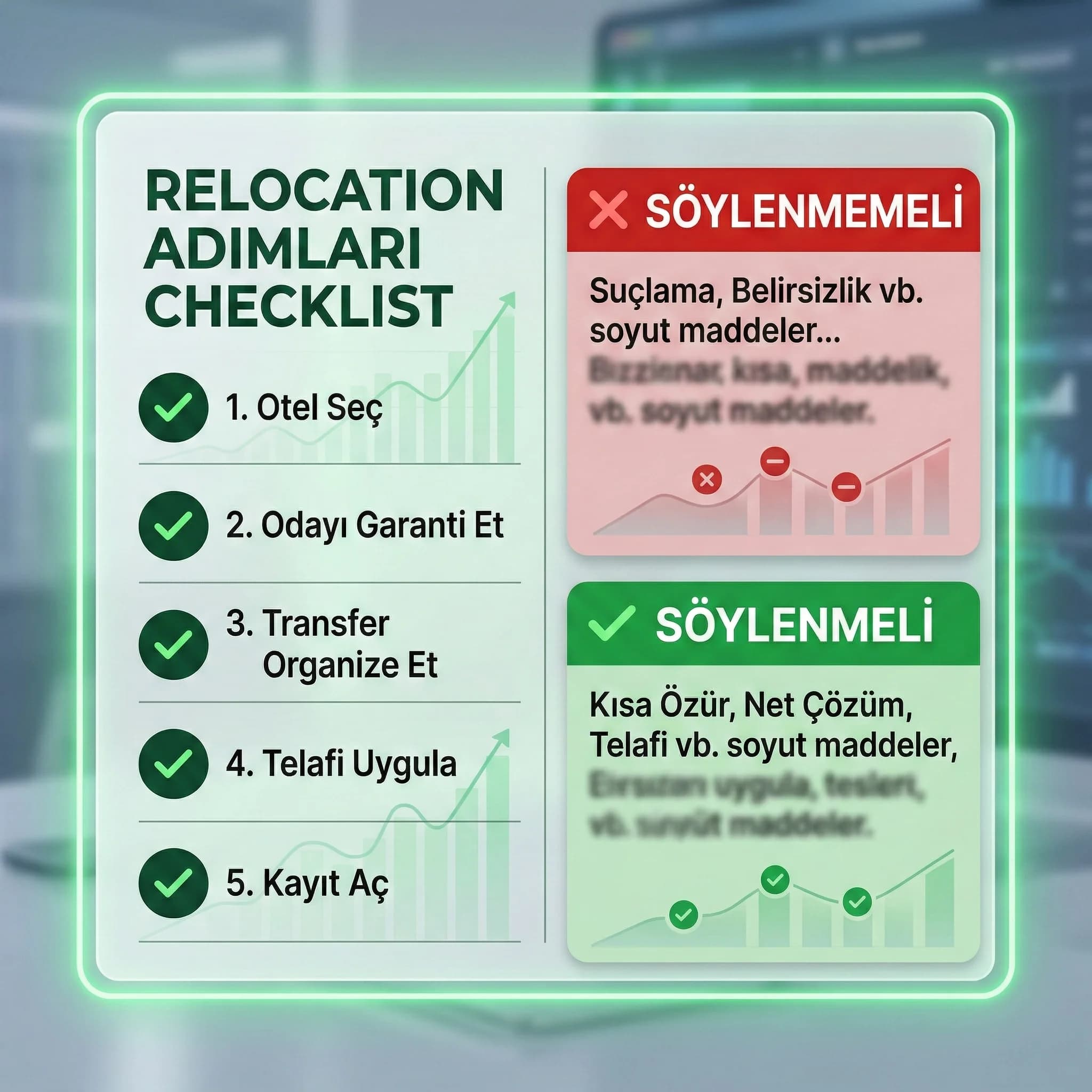 Relocation adımları ve iletişim kurallarını özetleyen otel checklist kartı