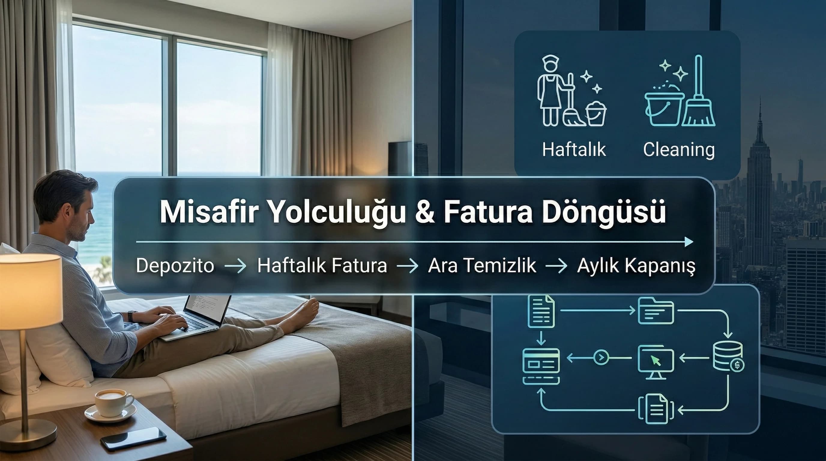 Extended-stay misafir yolculuğu ve billing cycle akışını gösteren otel context görseli
