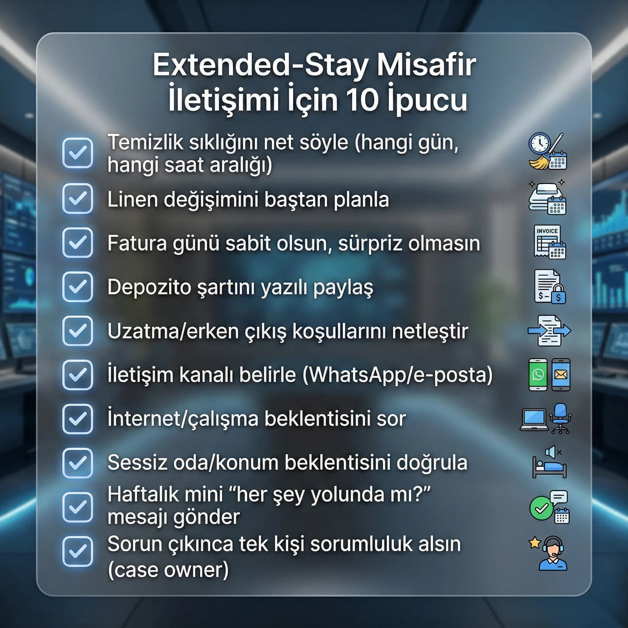 Extended-stay misafir iletişimi için on ipucu checklist kartı