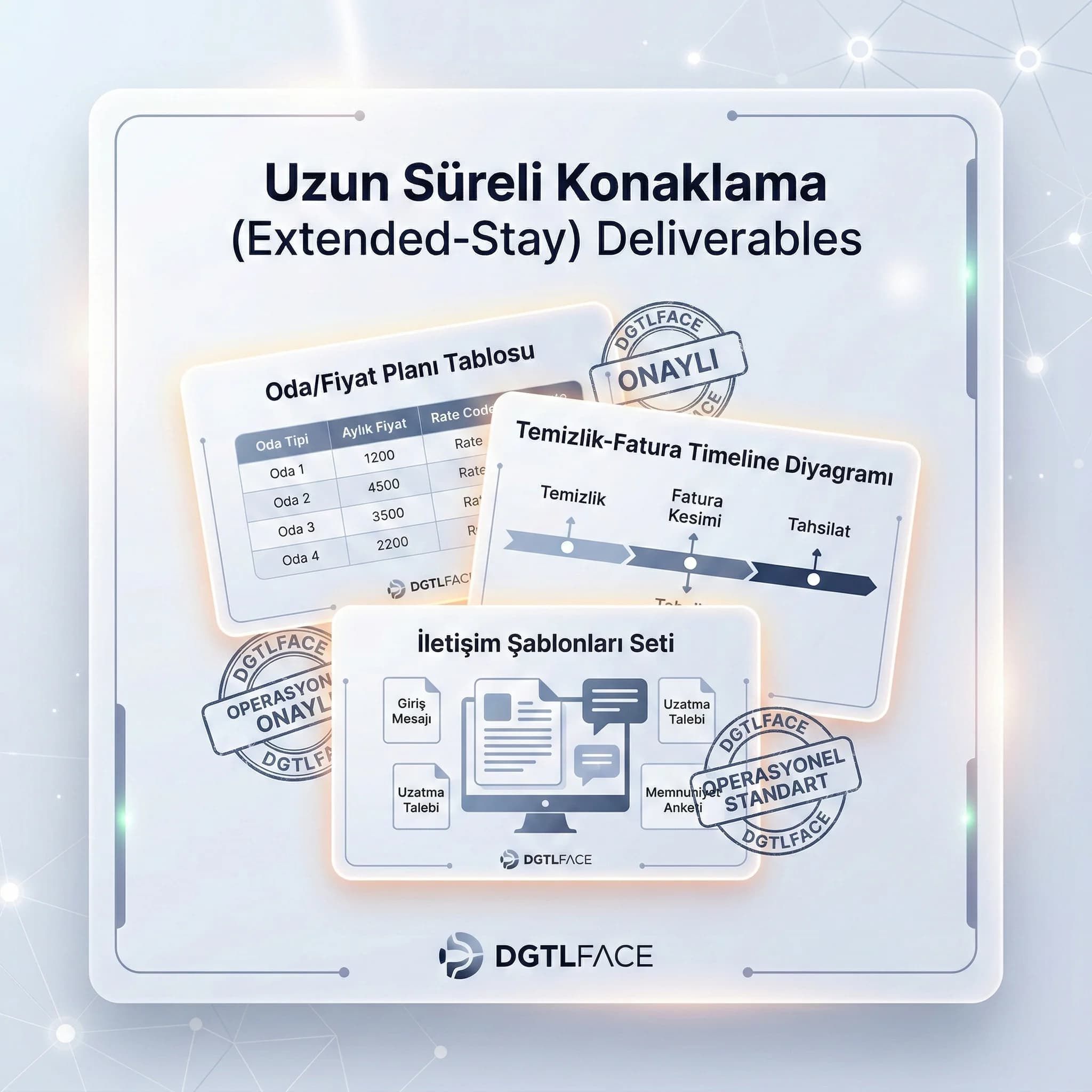 Fiyat planı tablosu ve temizlik fatura planını gösteren otel deliverables kartı
