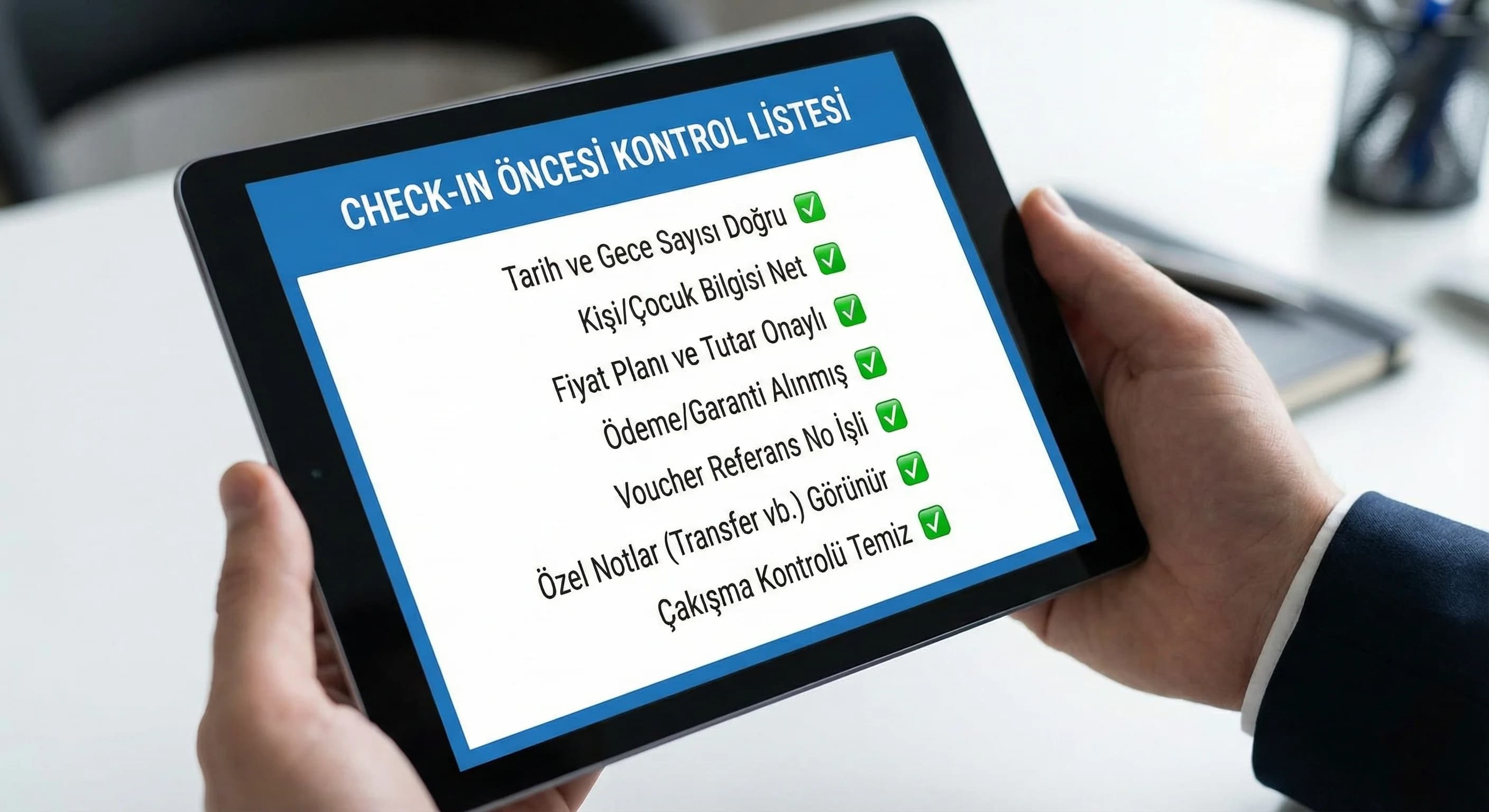 Check-in öncesi kontrol listesini özetleyen otel operasyon checklist kartı