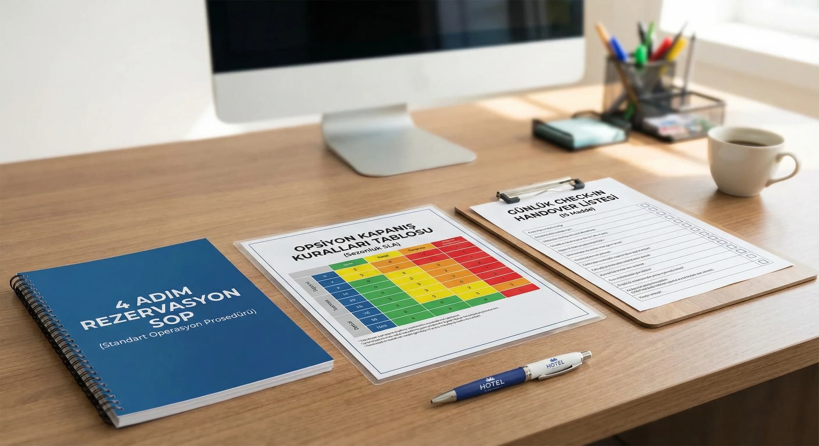 SOP opsiyon tablosu ve check-in checklist çıktılarıyla otel deliverables görseli