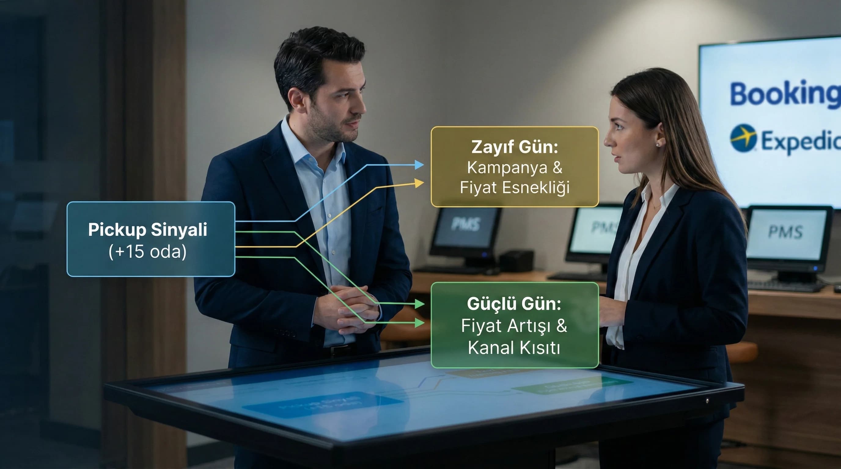Pickup sinyallerinin fiyat ve kanal kararlarına bağlandığı otel context görseli