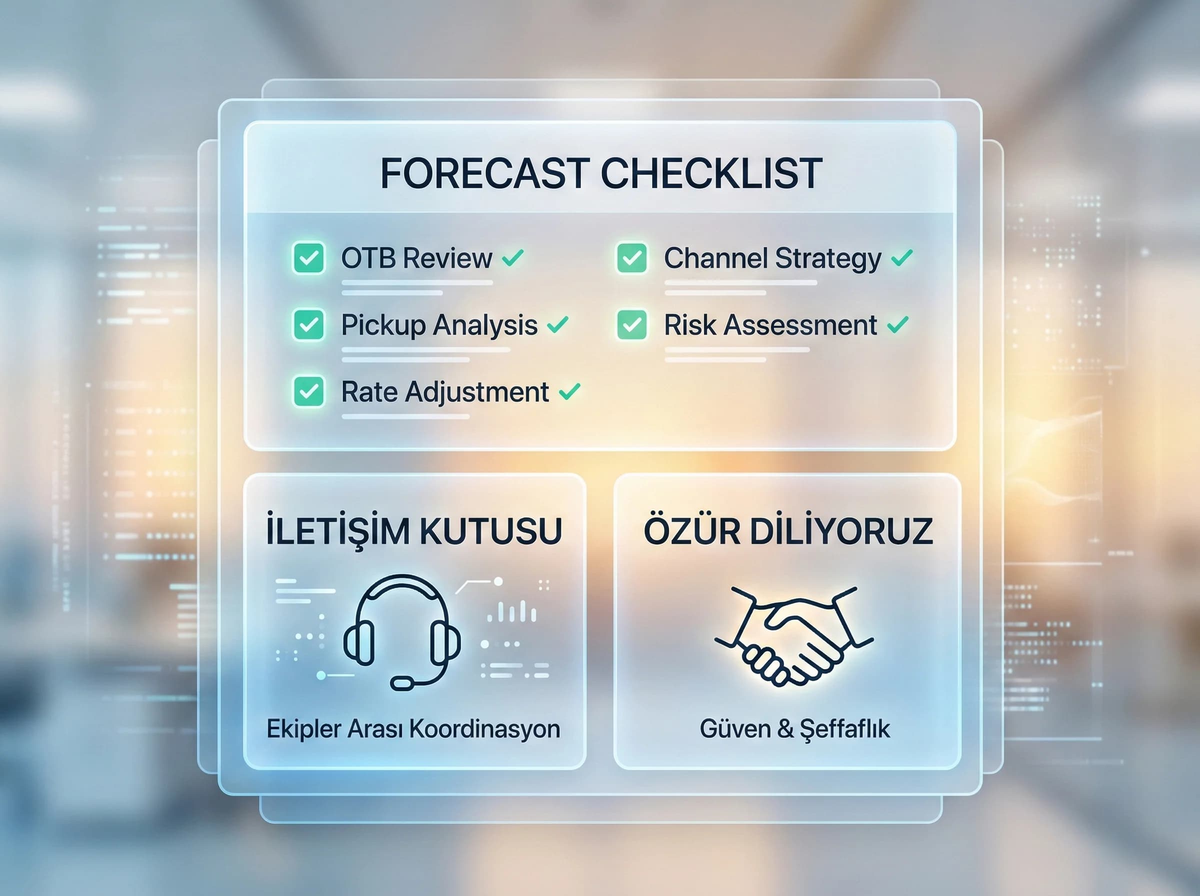 Forecast aksiyon kararları ve kontrol sorularına geçiş yapan otel divider görseli
