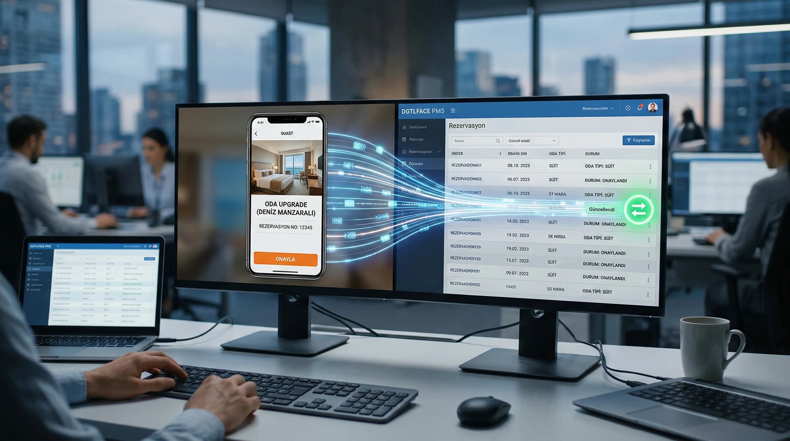 Misafirin online değişiklik yapıp PMS’e senkronlanan akışı gösteren otel görseli