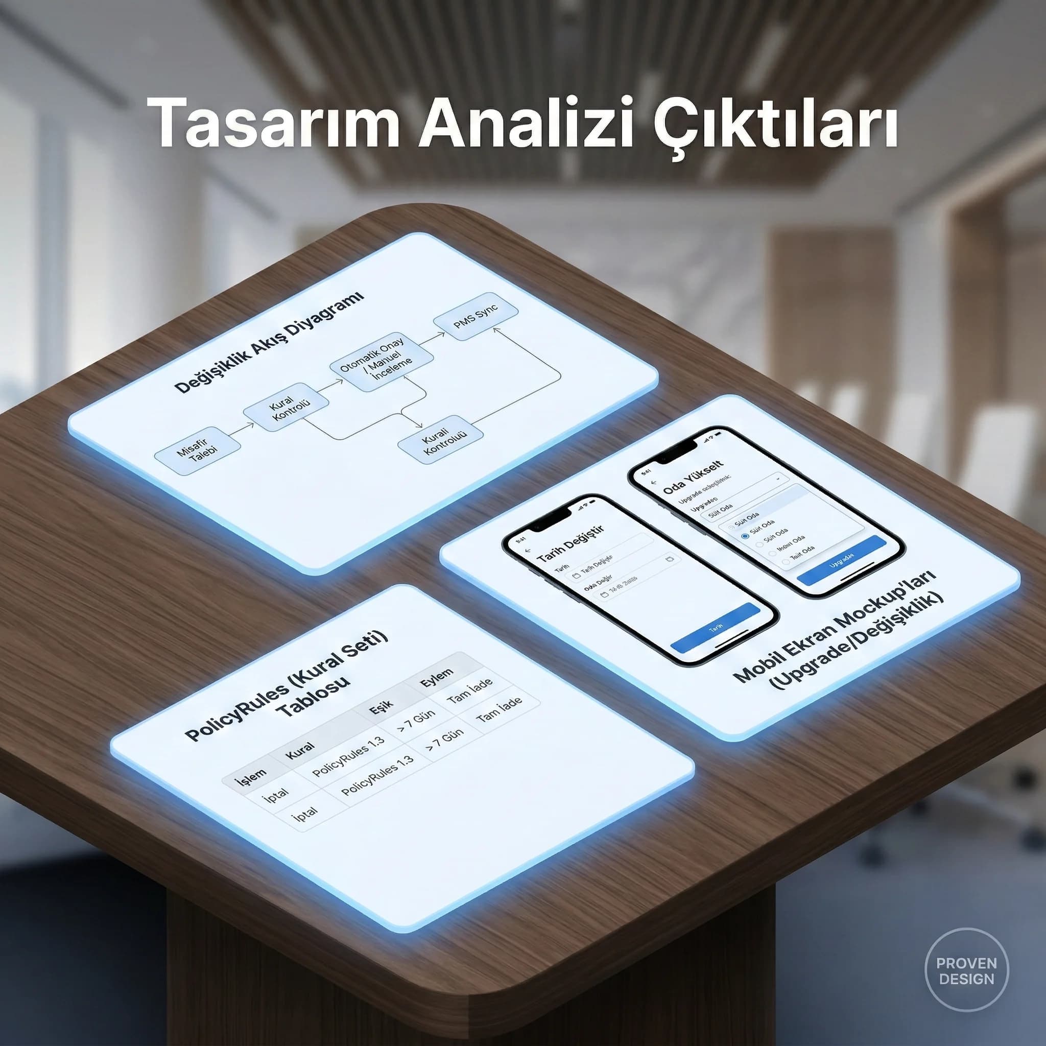 Self-service akış ve kural tasarım çıktısını gösteren otel deliverables kartı