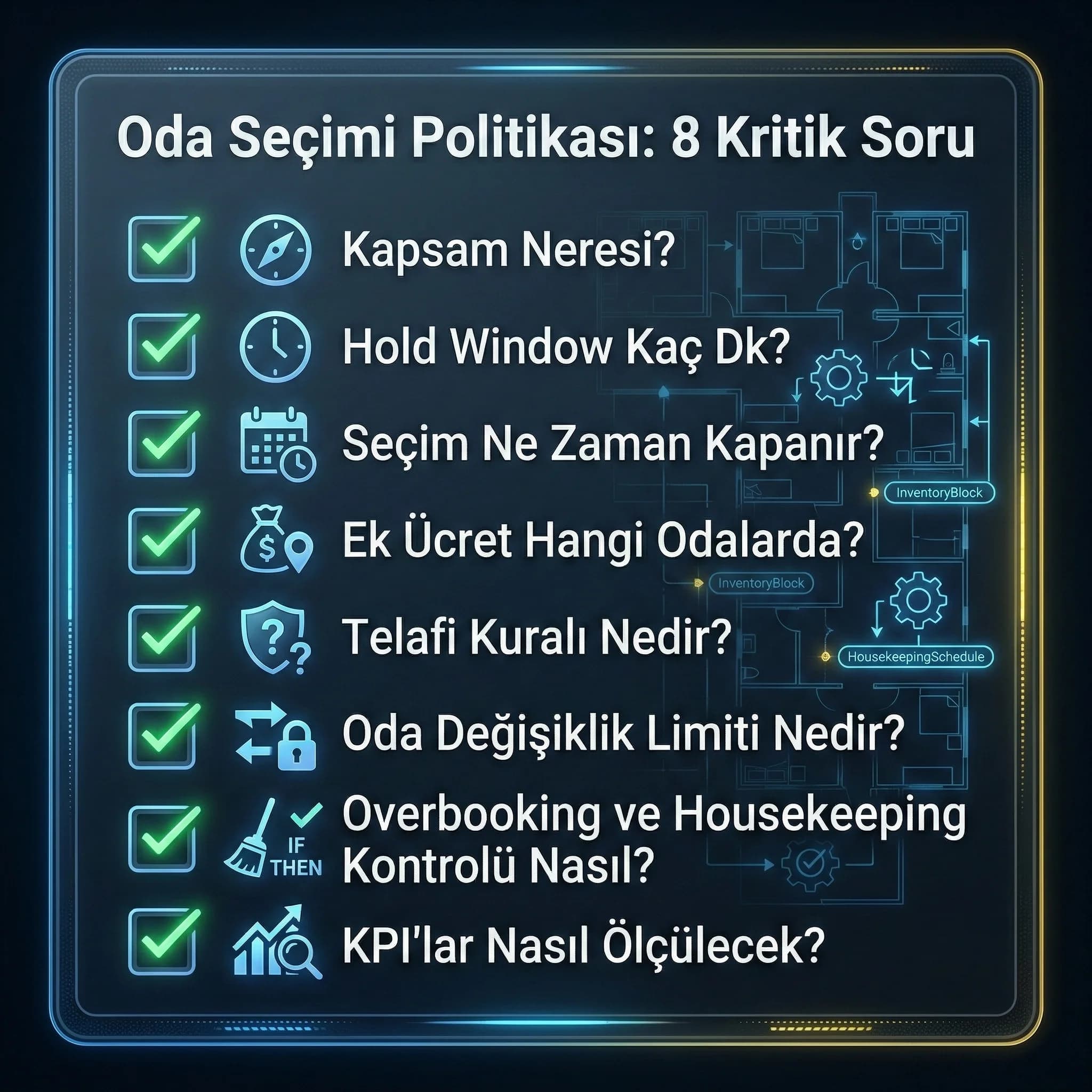 Oda seçimi kullanım oranı ve ek gelir etkisini gösteren otel KPI kartı