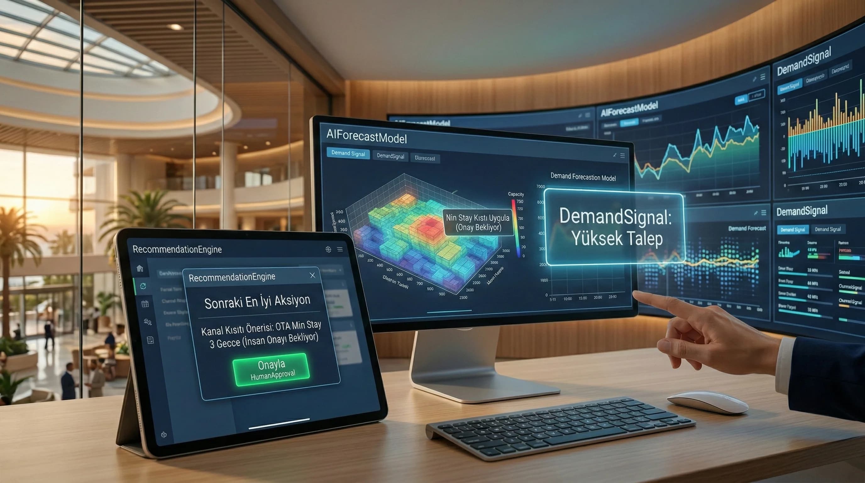 AIForecast ve insan onayıyla çalışan rezervasyon öneri akışını gösteren otel görseli