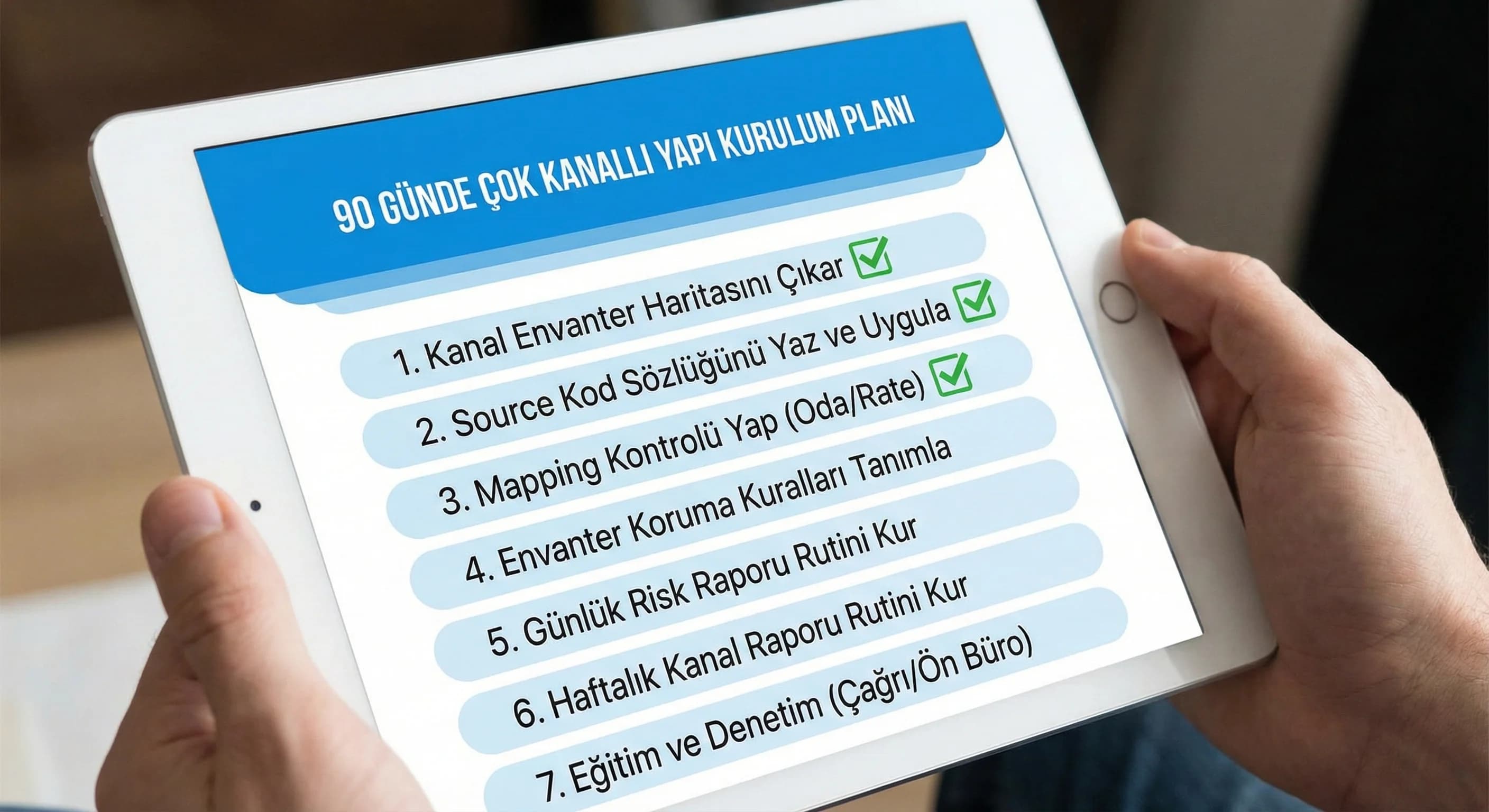 90 günde çok kanallı yapıyı toparlayan yedi adımı özetleyen otel framework kartı