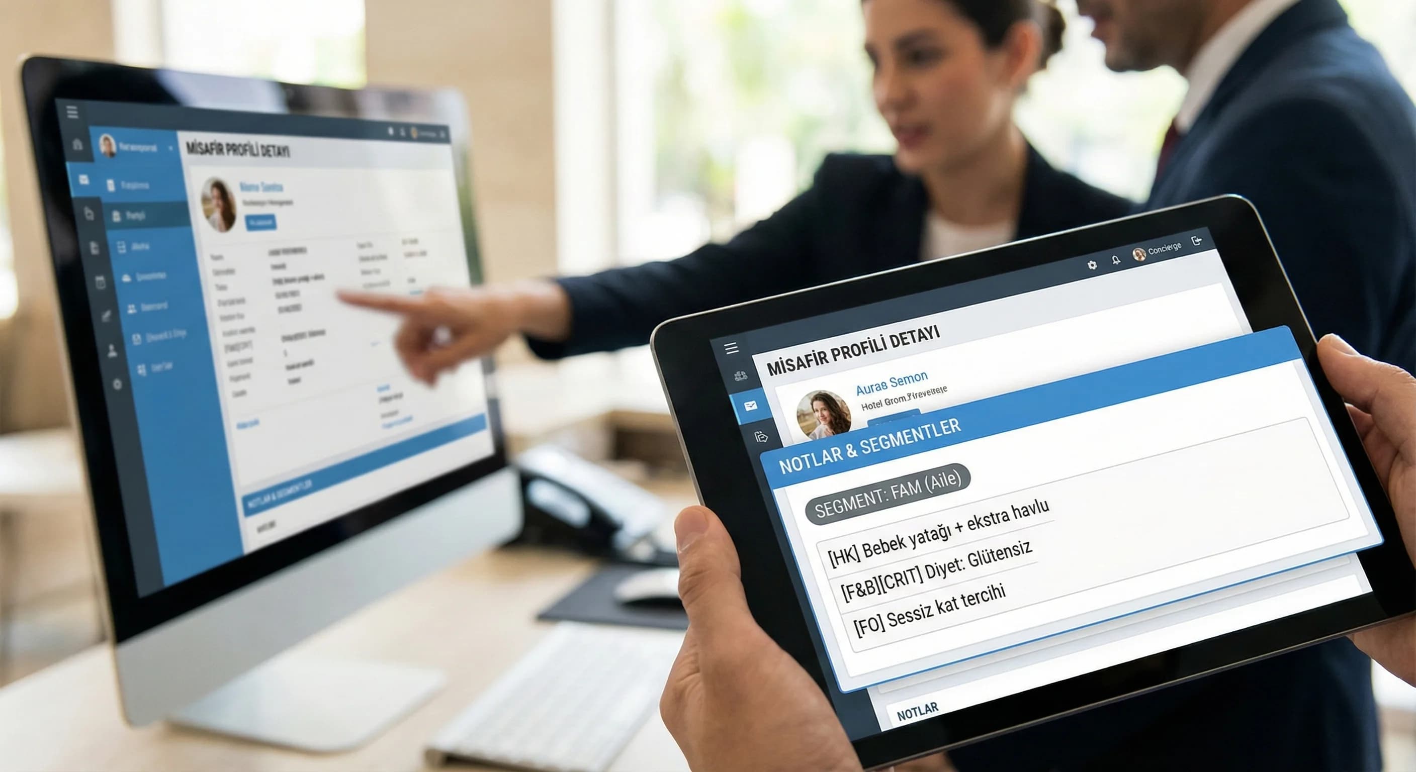 Misafir profilinin not ve segmentlerle operasyon ekranlarına taşındığı otel context görseli