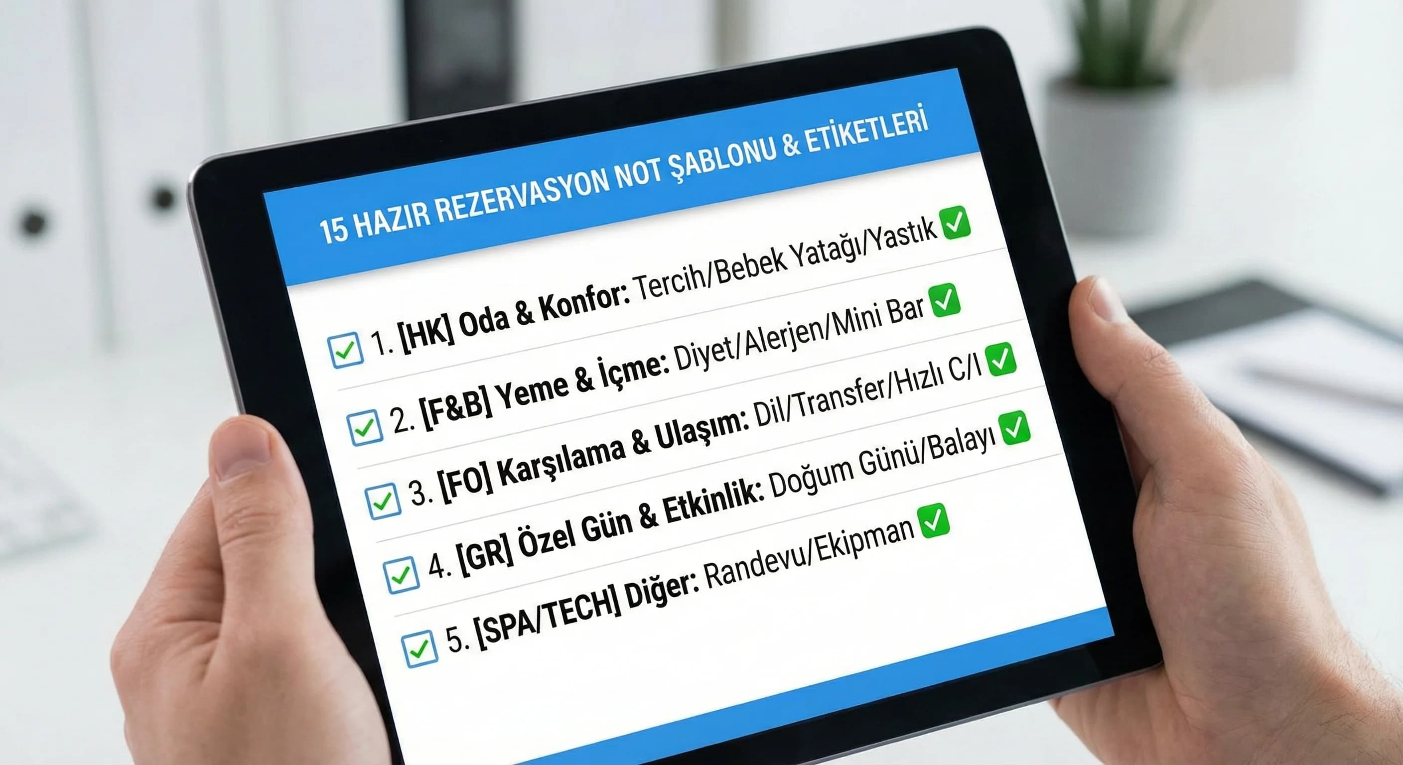 Rezervasyon notları için 15 hazır şablonu özetleyen otel checklist kartı