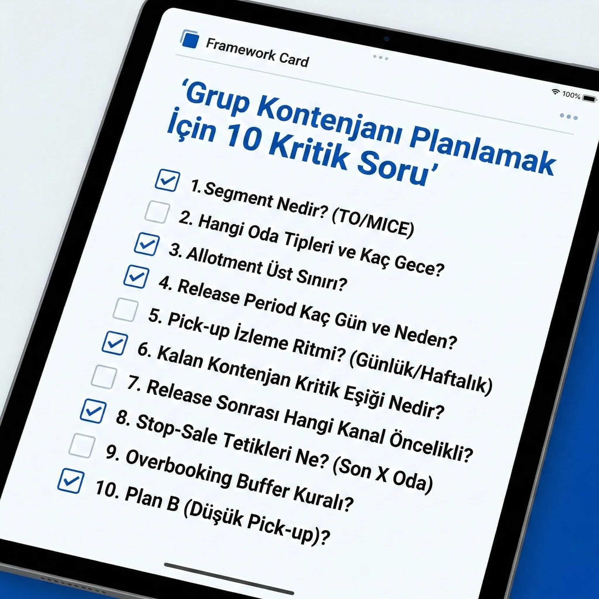 Grup kontenjanı planlamak için 10 soruyu özetleyen otel checklist kartı