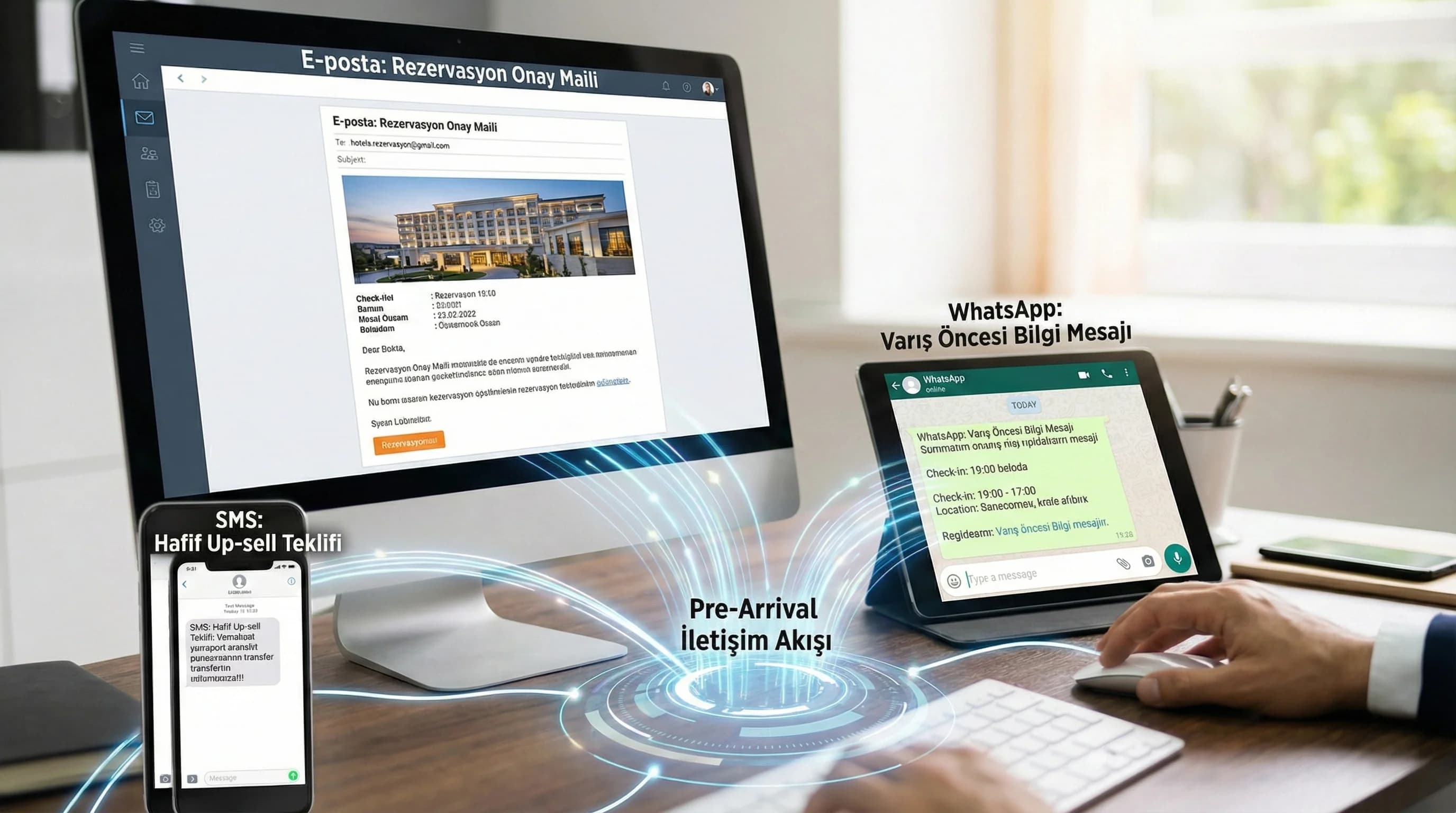 Onay maili bilgi mesajı ve up-sell akışının birleştiği otel context görseli