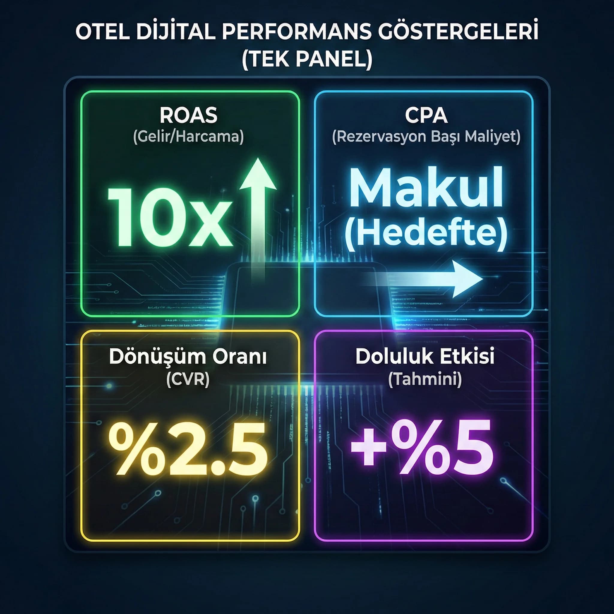 Otel KPI kartı: ROAS CPA CVR doluluk gelir göstergeleri, tek panel