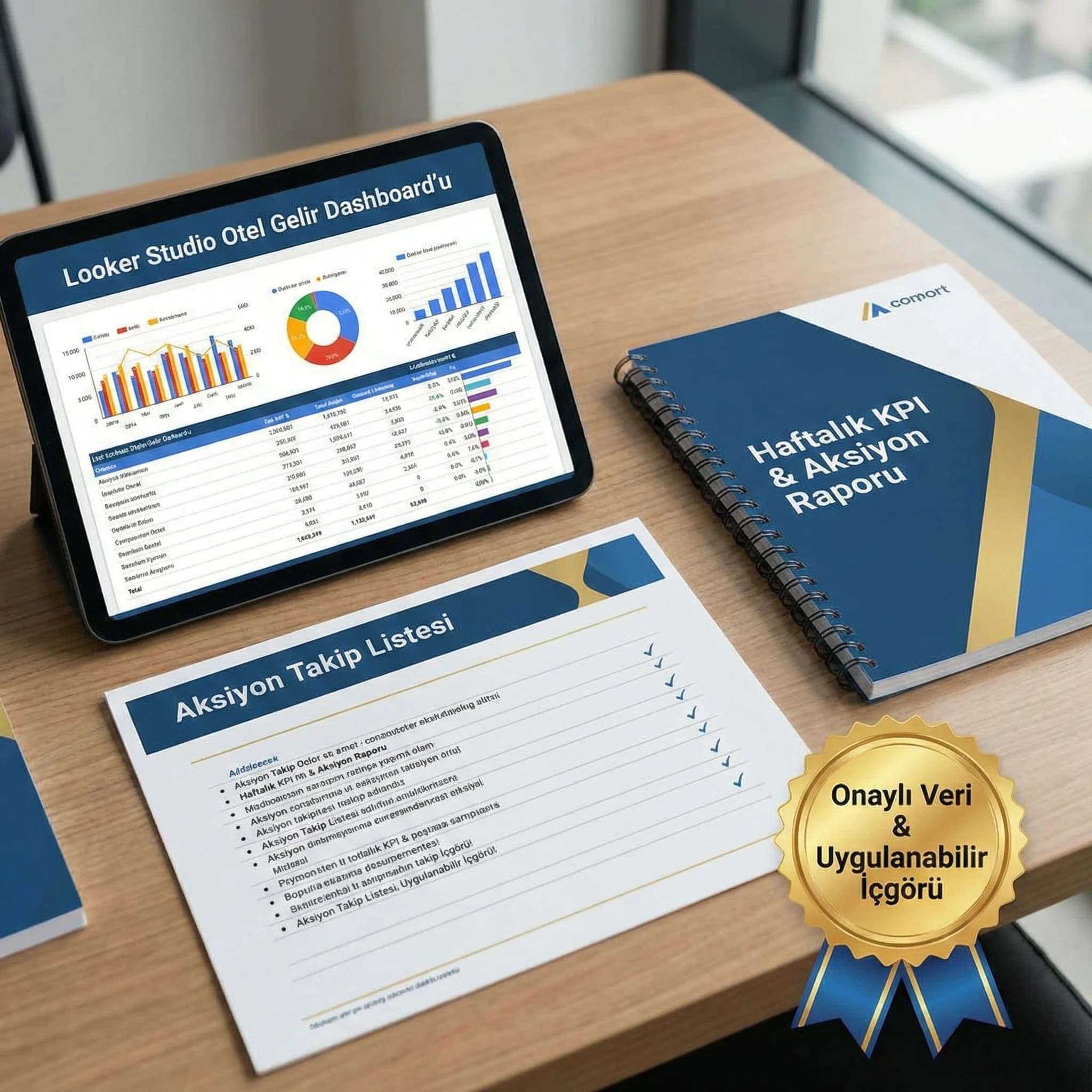 Raporlama deliverables kartı: dashboard, haftalık rapor, aksiyon listesi, otel yönetimi