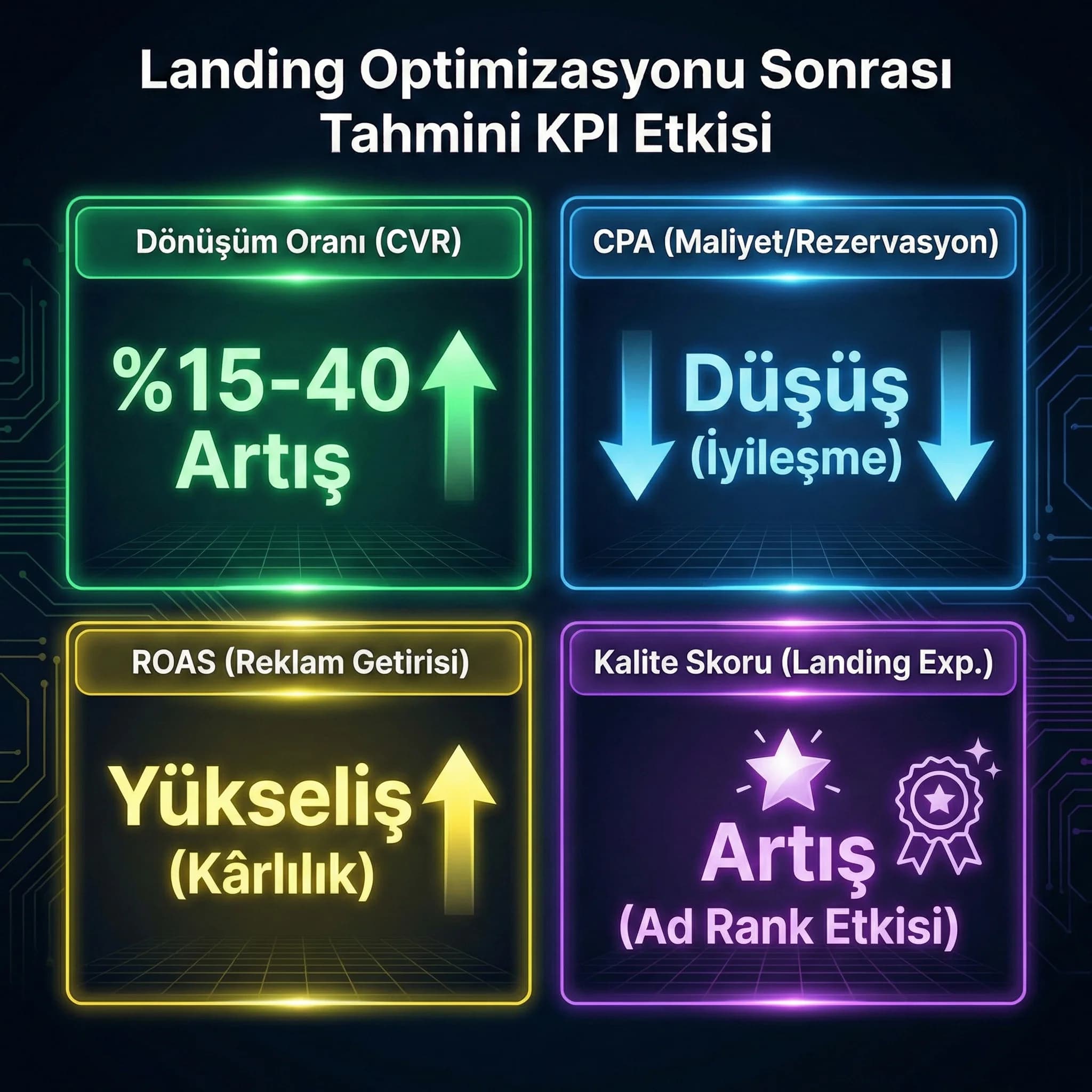 Otel landing KPI kartı: CVR CPA ROAS ve kalite sinyalleri, turizm bağlamı