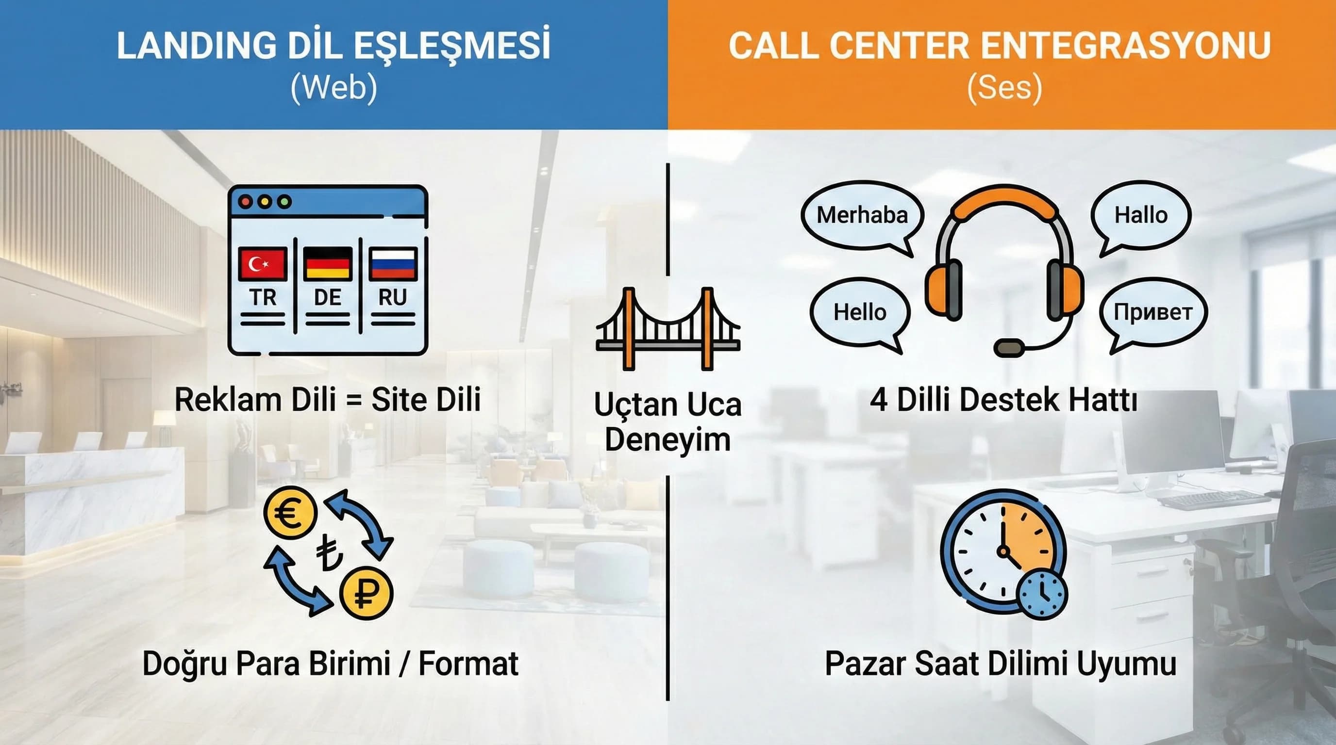 Landing dil eşleşmesi ve call center entegrasyonu, otel dönüşüm teması