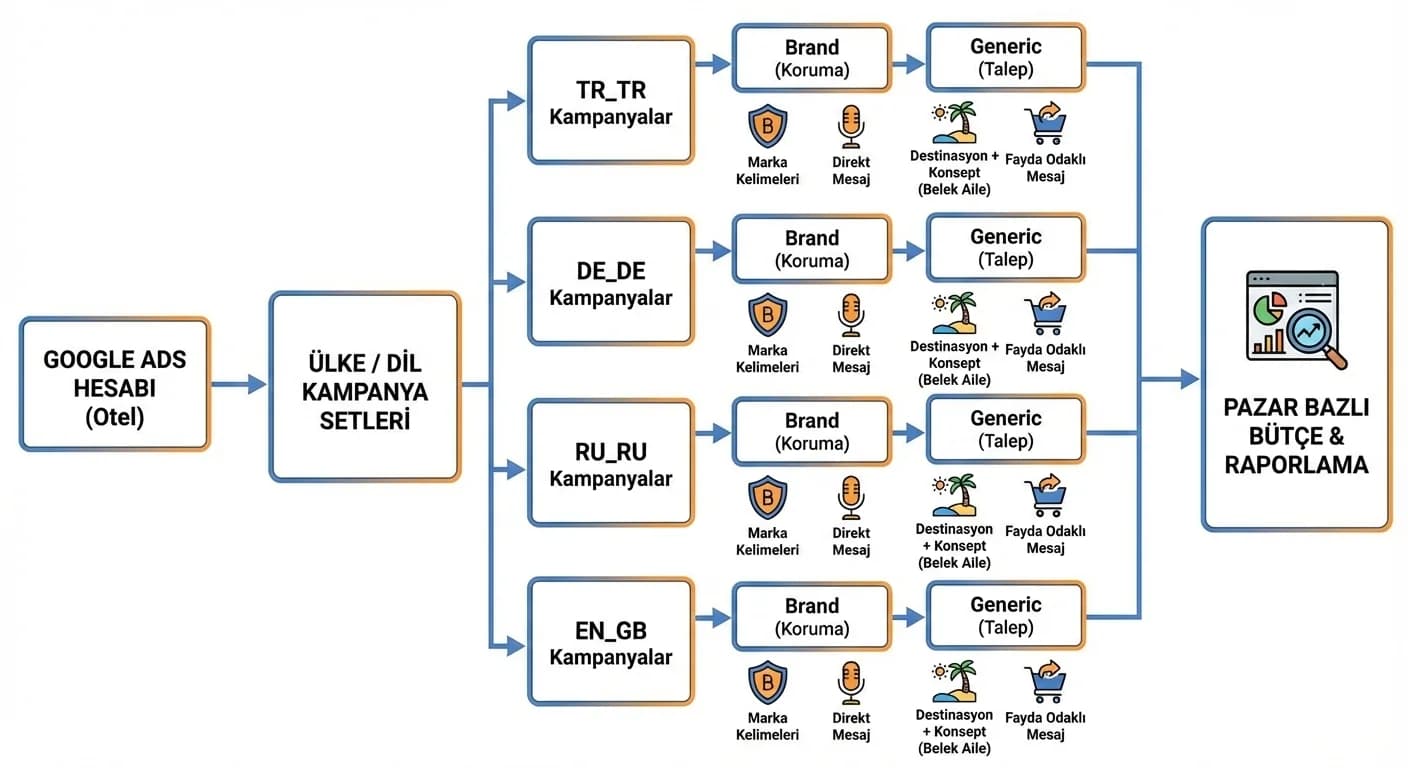 Ülke-dil bazlı kampanya mimarisi diyagramı, otel PPC yapı akışı