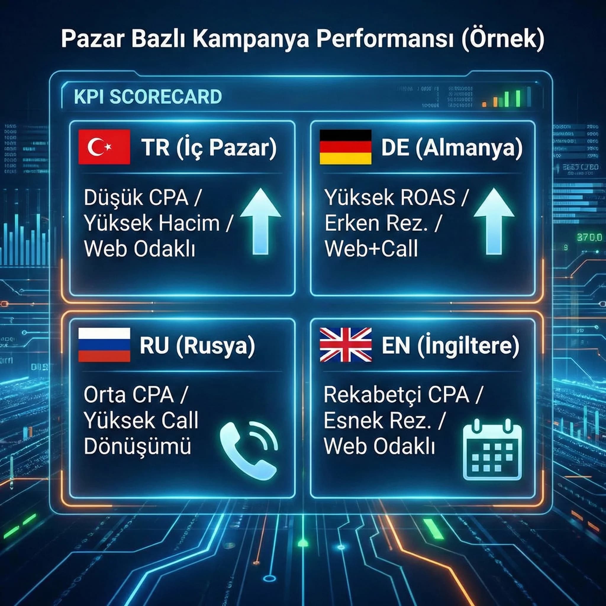 Çok dilli kampanya KPI kartı: pazar bazlı CPA ROAS rezervasyon ve call dönüşümü
