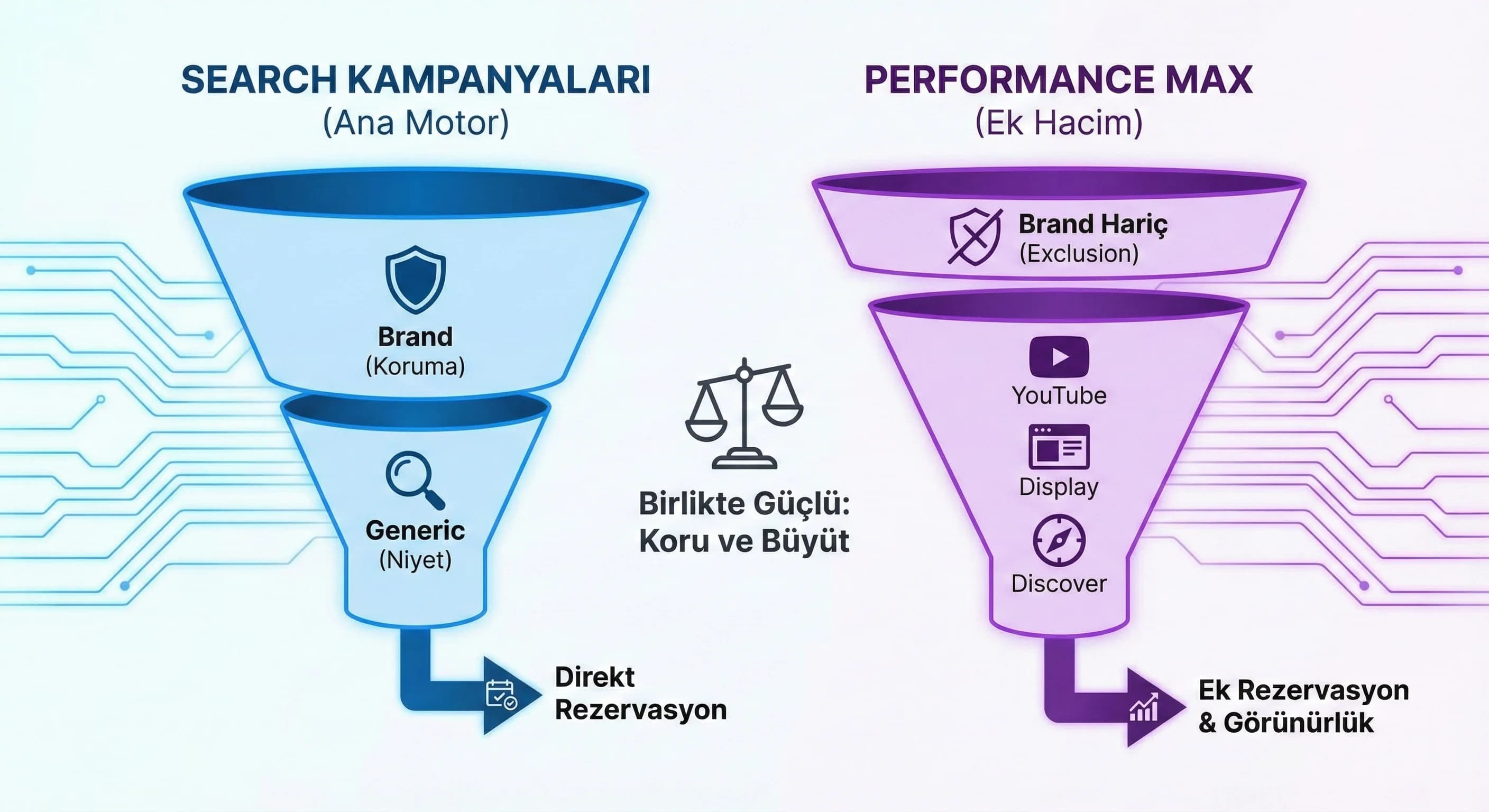 Search ve PMax birlikte kurgusu, brand koruma ve ek hacim yaklaşımı görseli