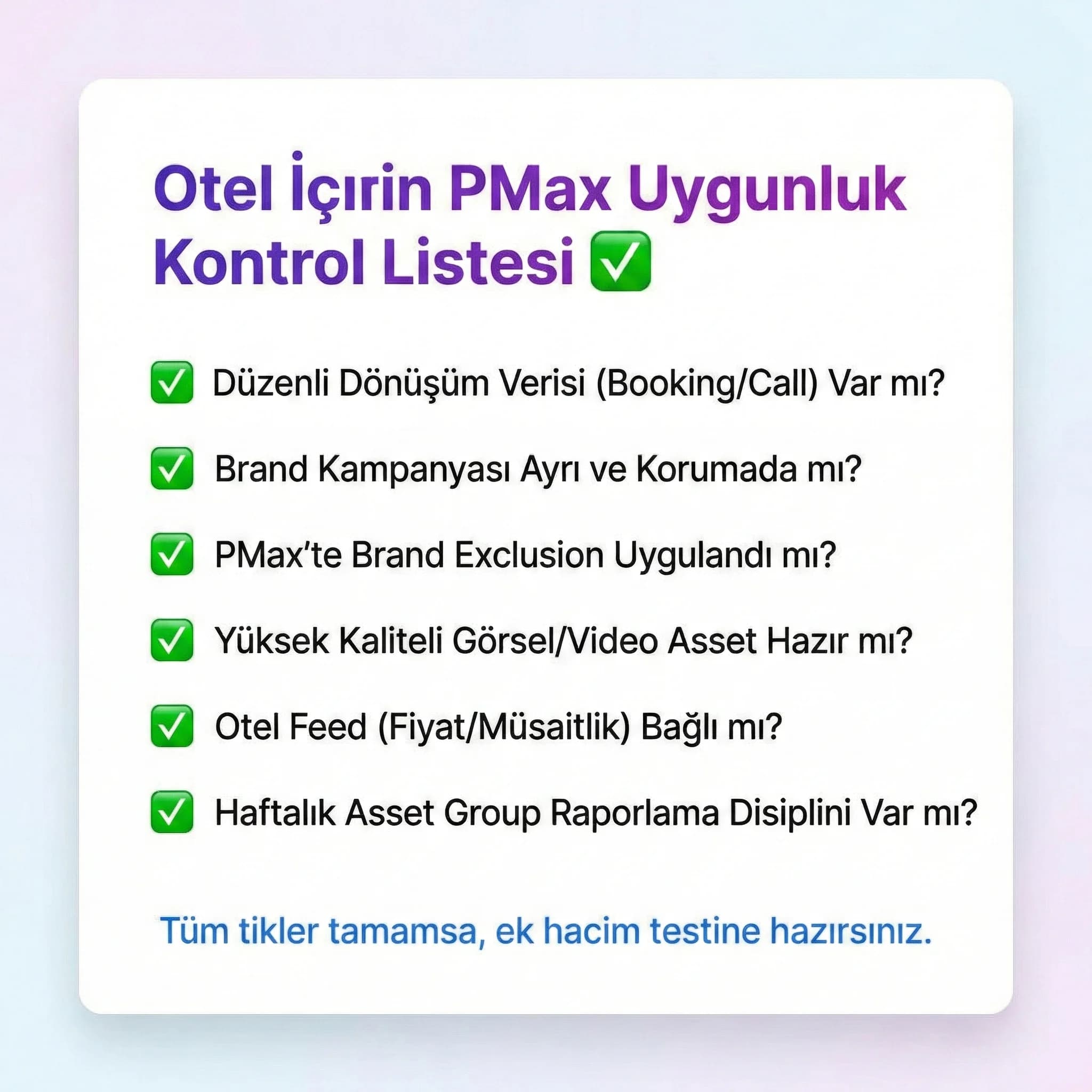 PMax uygunluk kontrol listesi, otel hesabı için kurulum checklist kartı