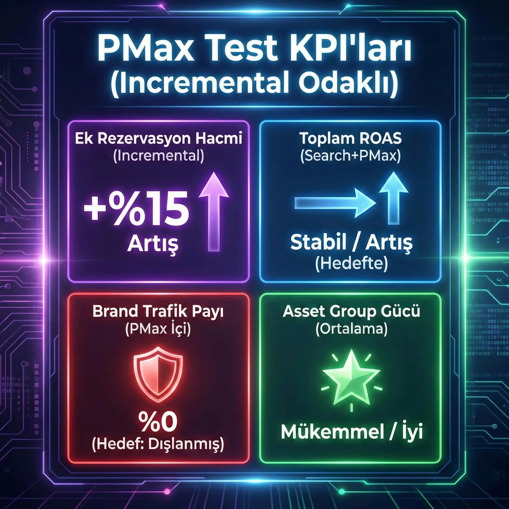 PMax test KPI kartı: incremental booking CPA ROAS brand payı, otel bağlamı