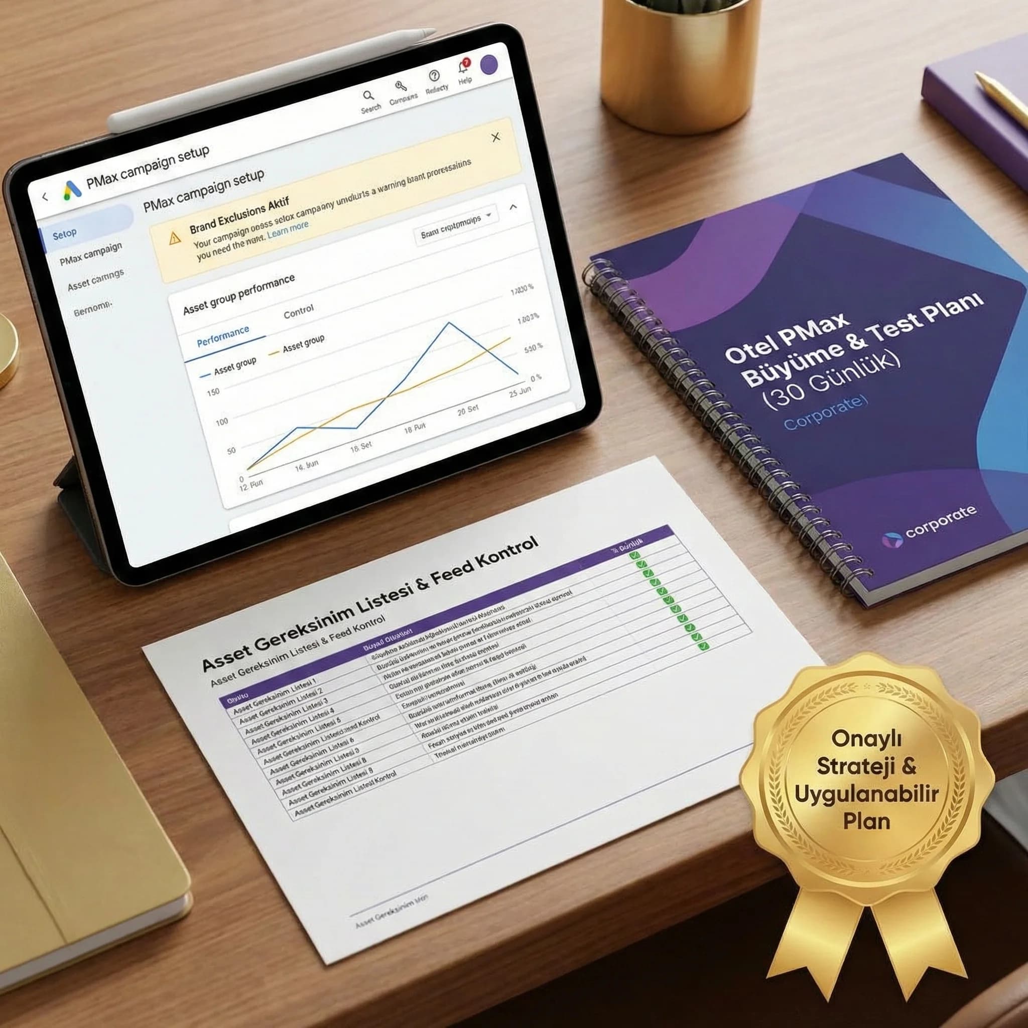 PMax deliverables: test planı asset listesi brand exclusion raporlama, otel kanıt kartı