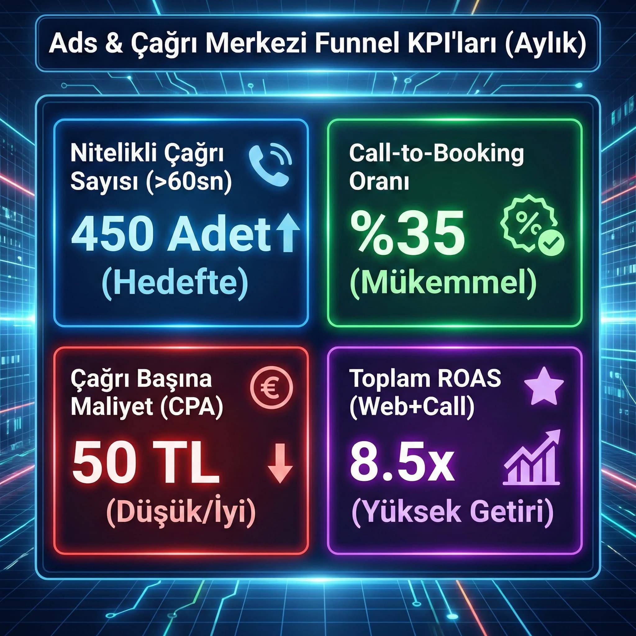 Çağrı merkezi funnel KPI kartı: nitelikli çağrı, rezervasyon, CPA ve ROAS