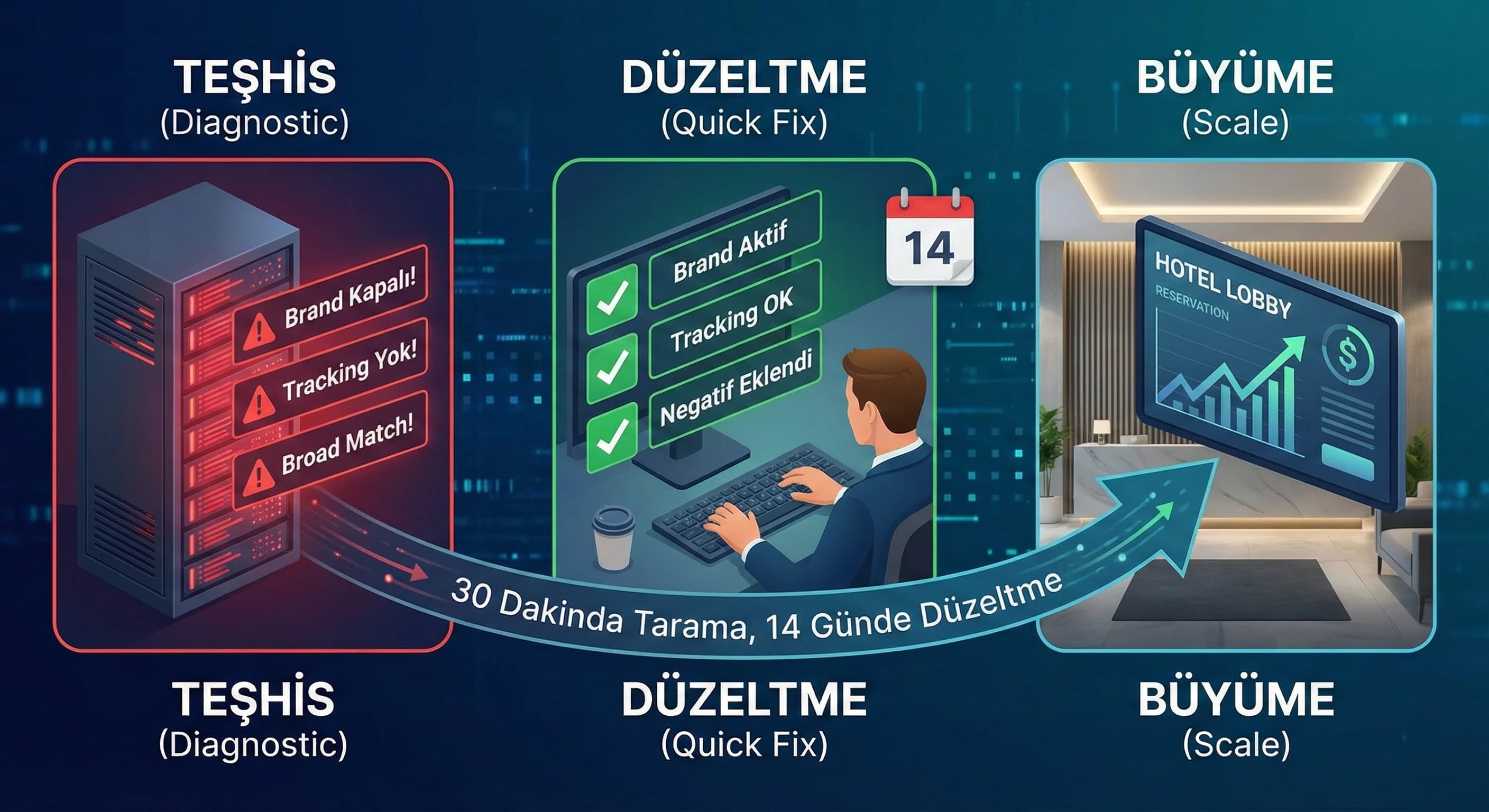 Google Ads otel hesabı teşhis ekranı ve hızlı düzeltme akışı görseli