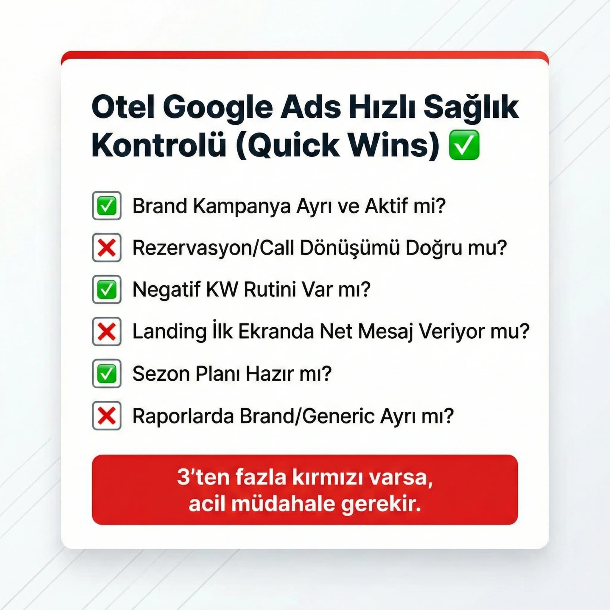 Otel Google Ads hızlı sağlık kontrol listesi ve quick wins kartı