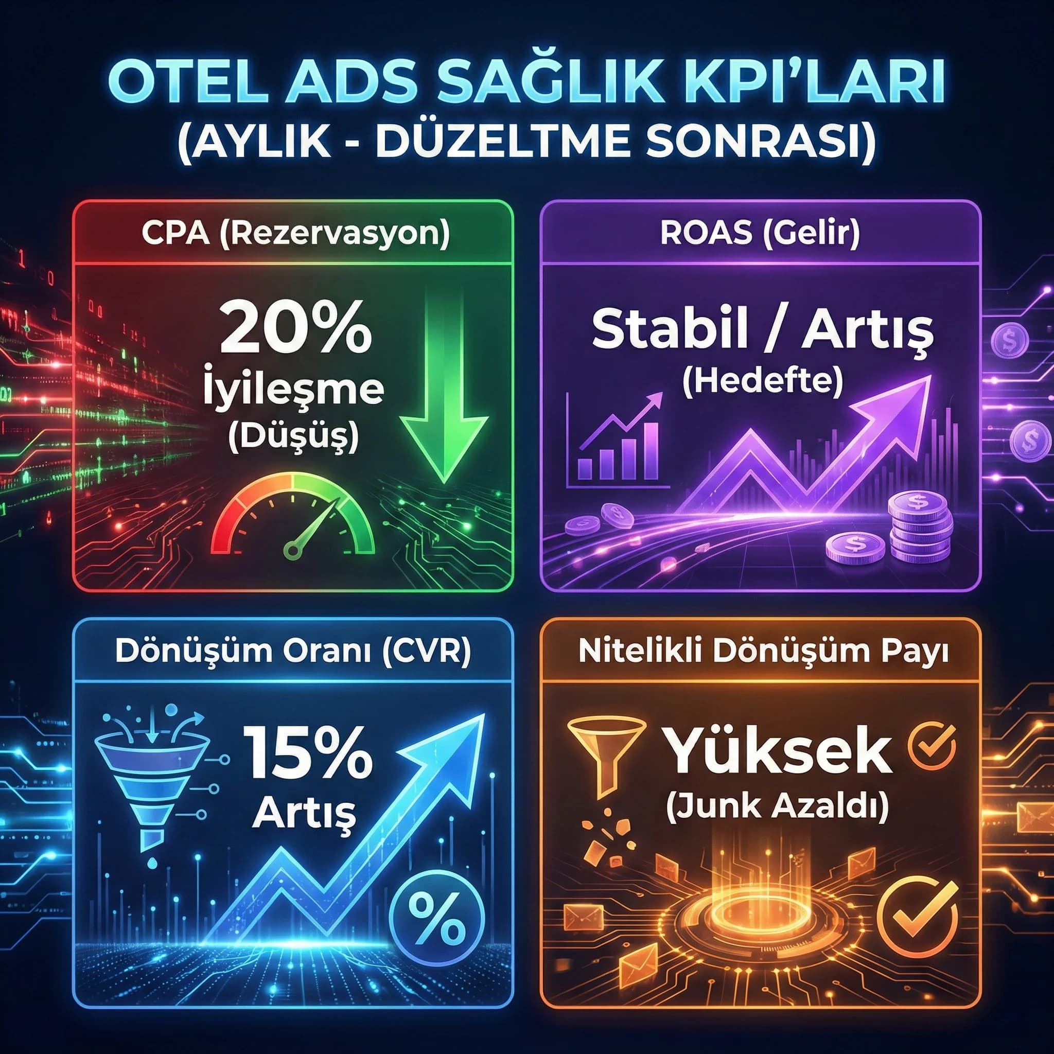 Otel Ads sağlık KPI kartı: CPA ROAS CVR ve dönüşüm kalitesi paneli