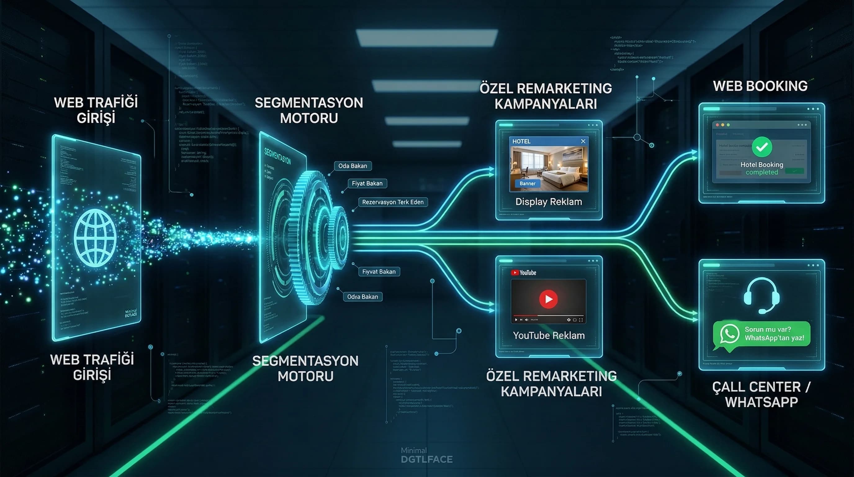 Trafik segment kampanya rezervasyon akışı, otel remarketing funnel diyagramı