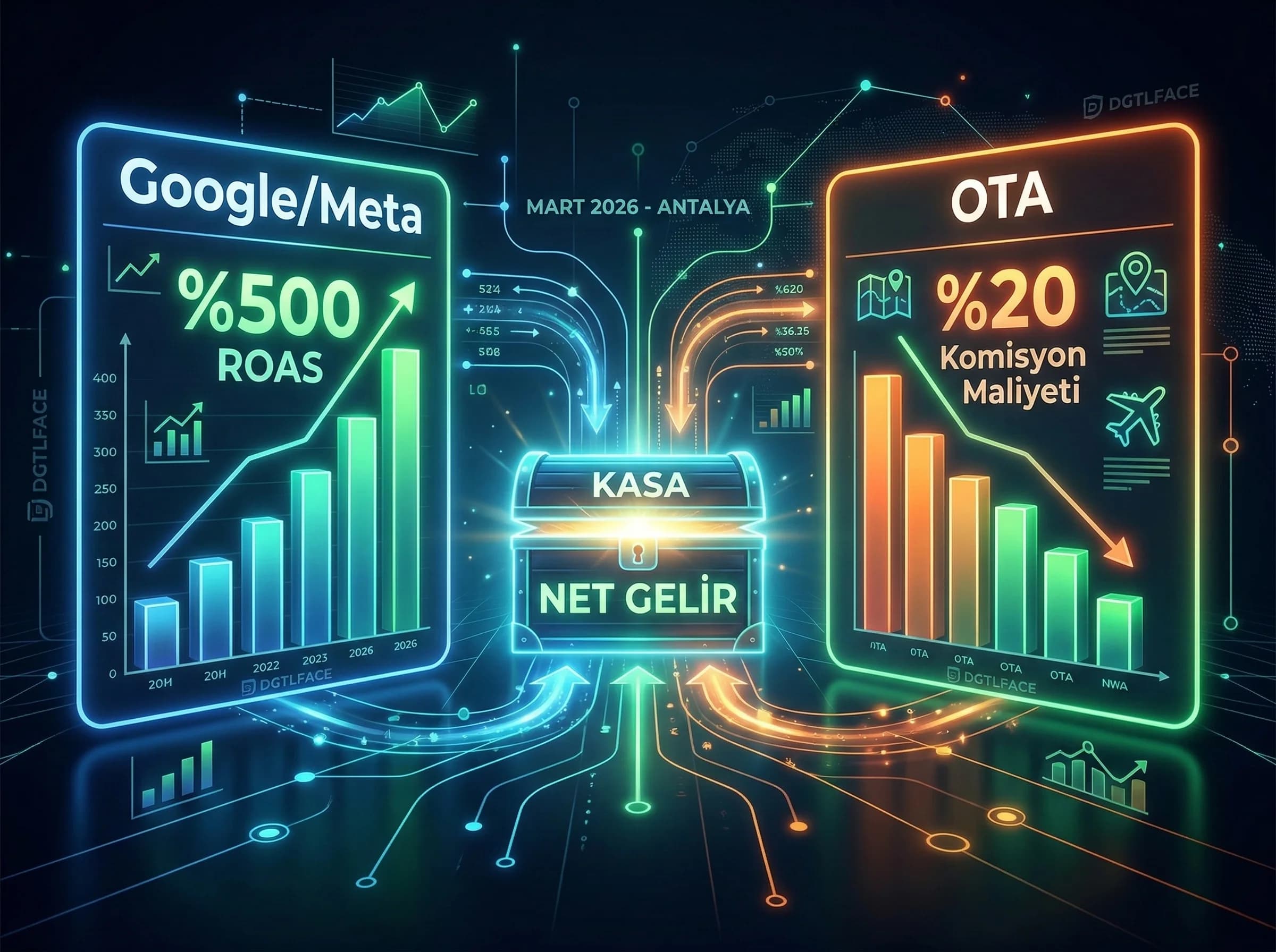 Komisyon ve ROAS kıyasıyla kanal karması, otel gelir ayırıcı görseli