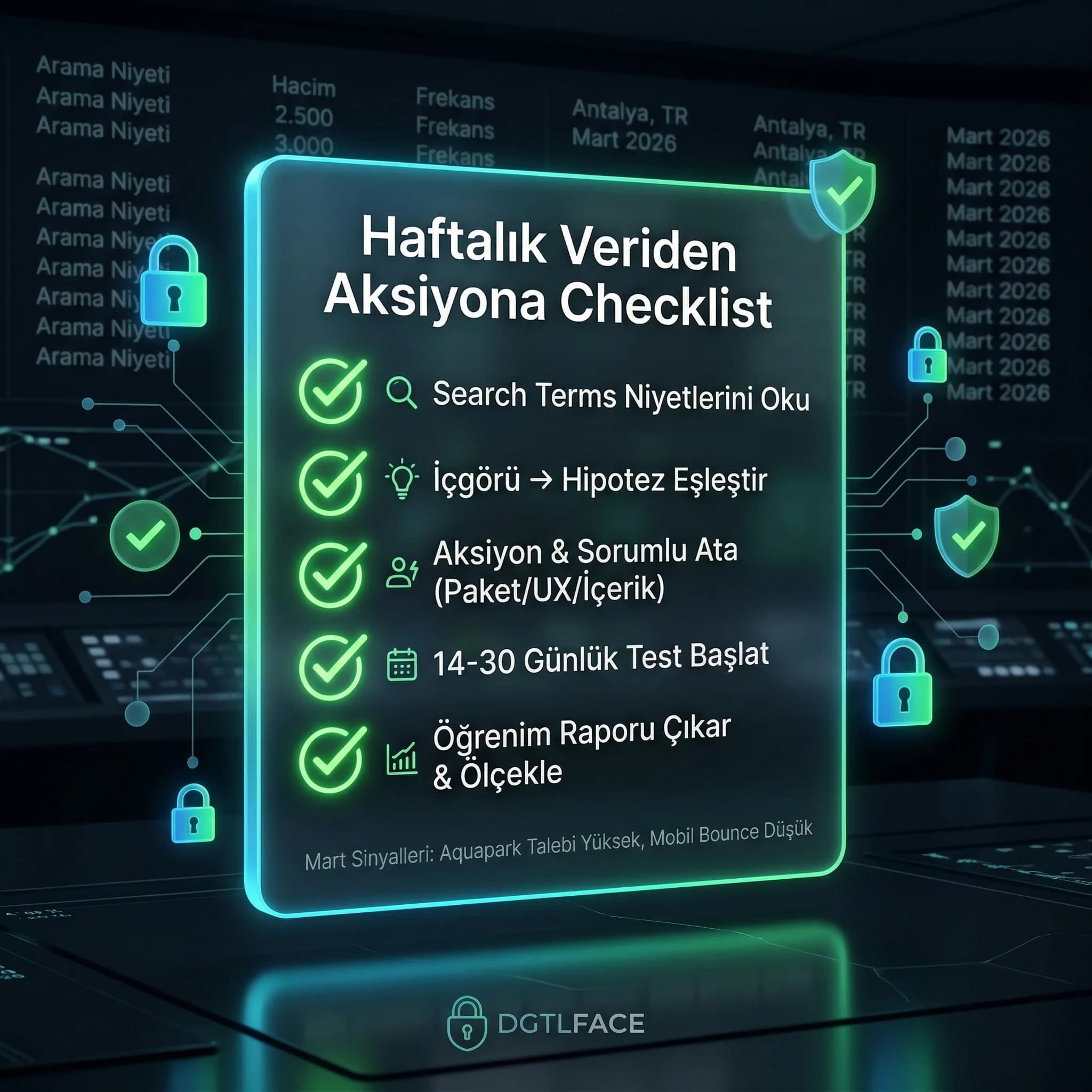 Veriden aksiyona otel strateji checklist kartı, haftalık analiz rutini