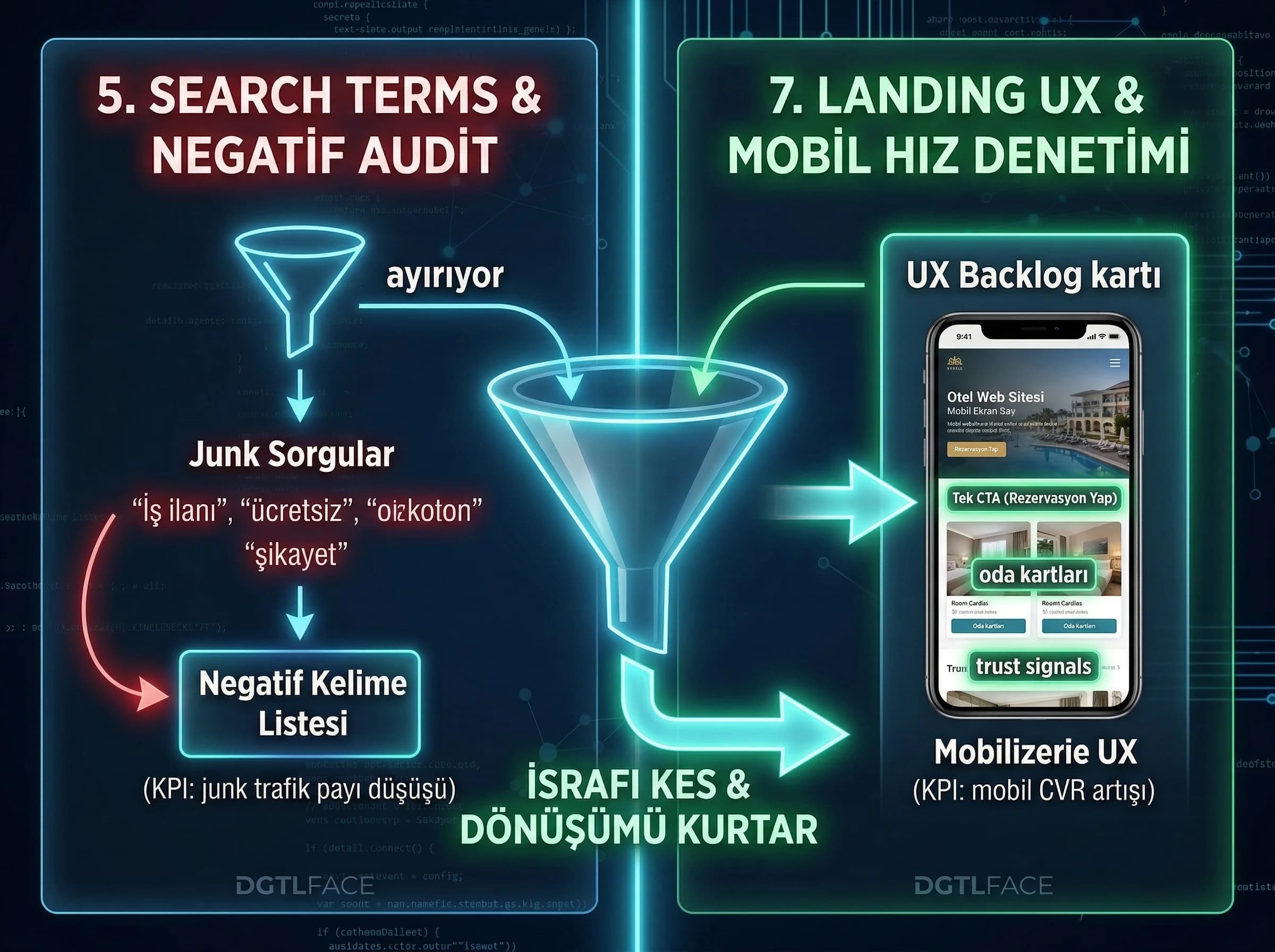Search terms ve landing denetimi bölümü, otel dönüşüm kontrol görseli