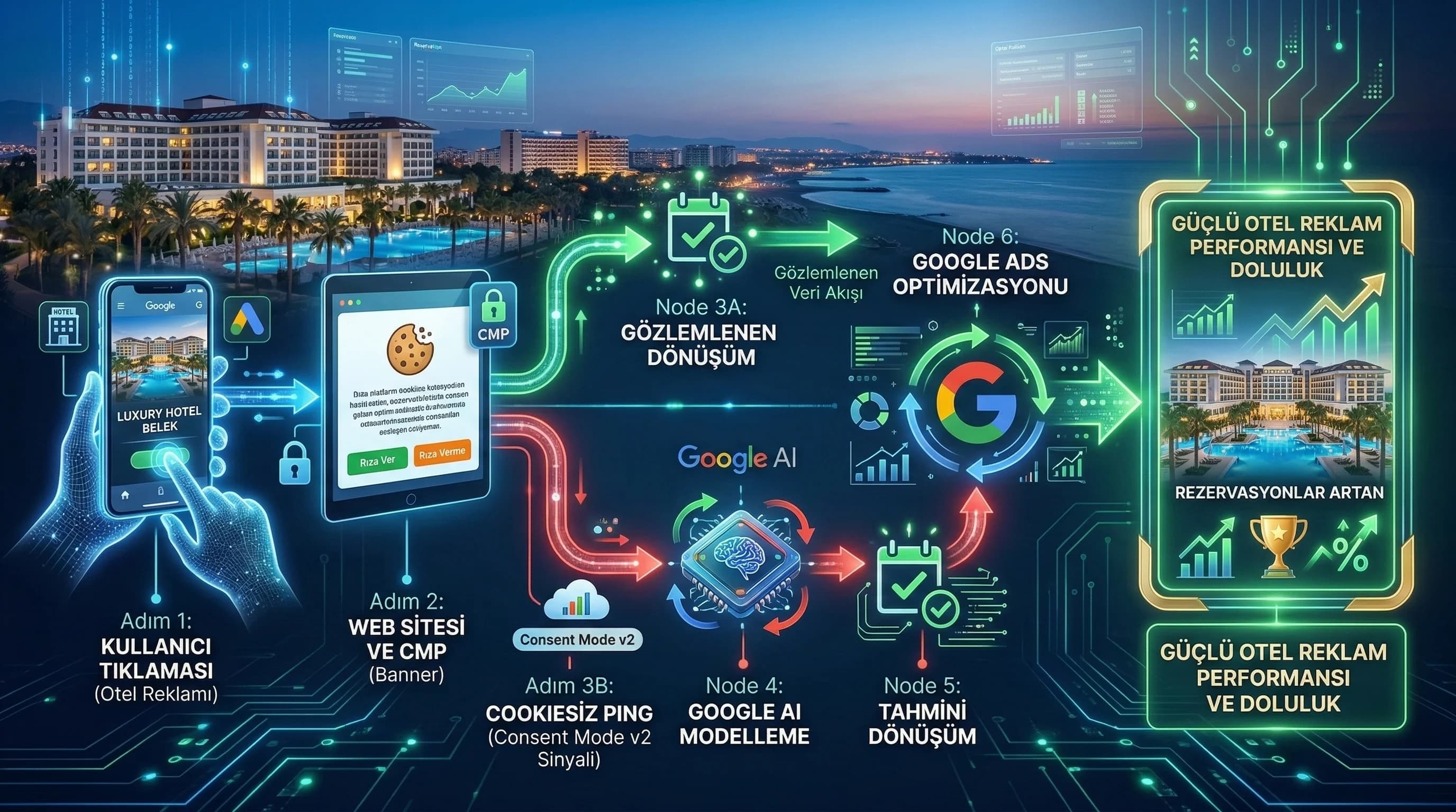 Consent ve dönüşüm sinyali akışı: modeleme ve ölçüm, otel reklam performansı