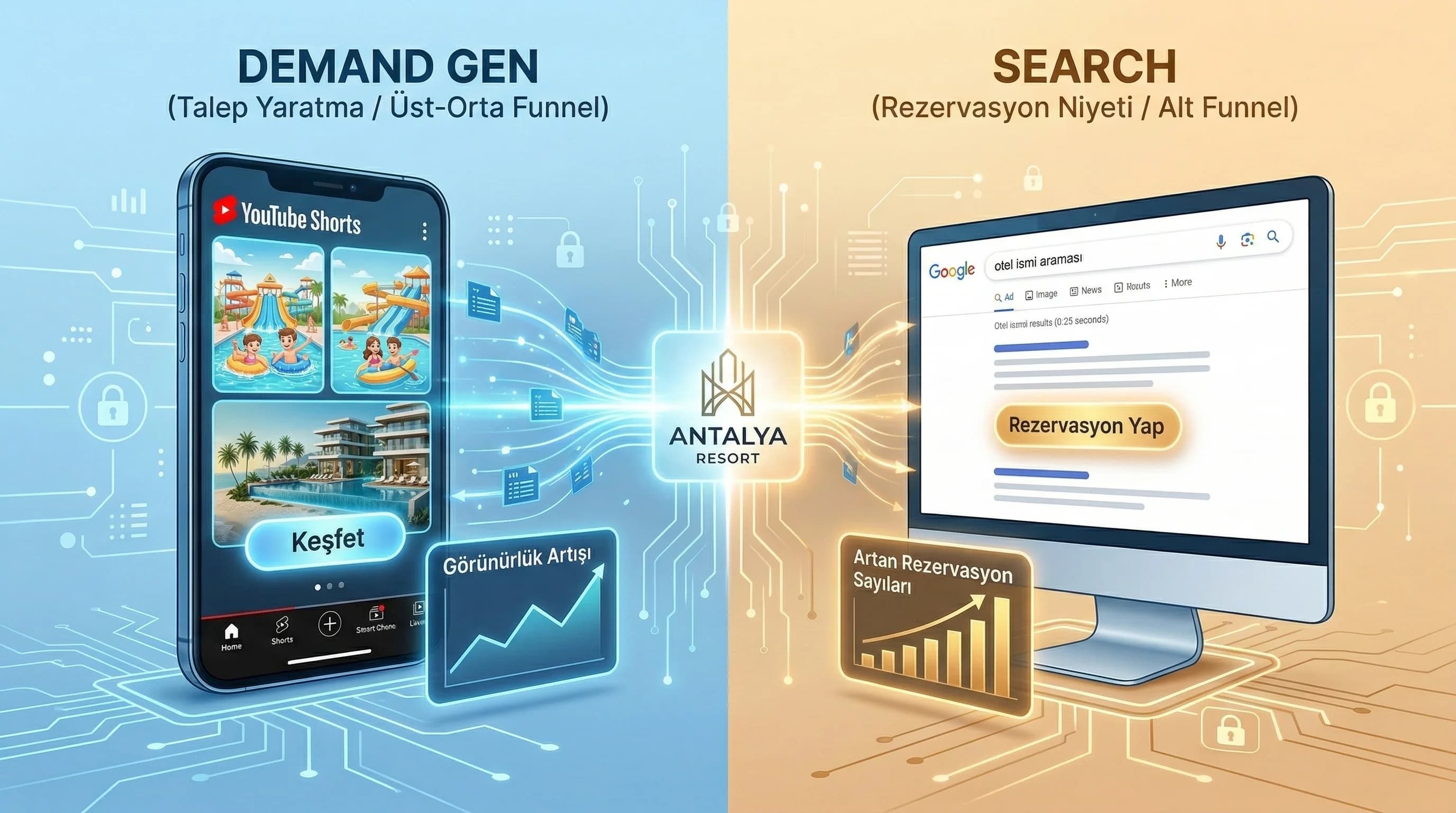 Demand Gen ve Search rol ayrımıyla otel rezervasyon stratejisi görseli