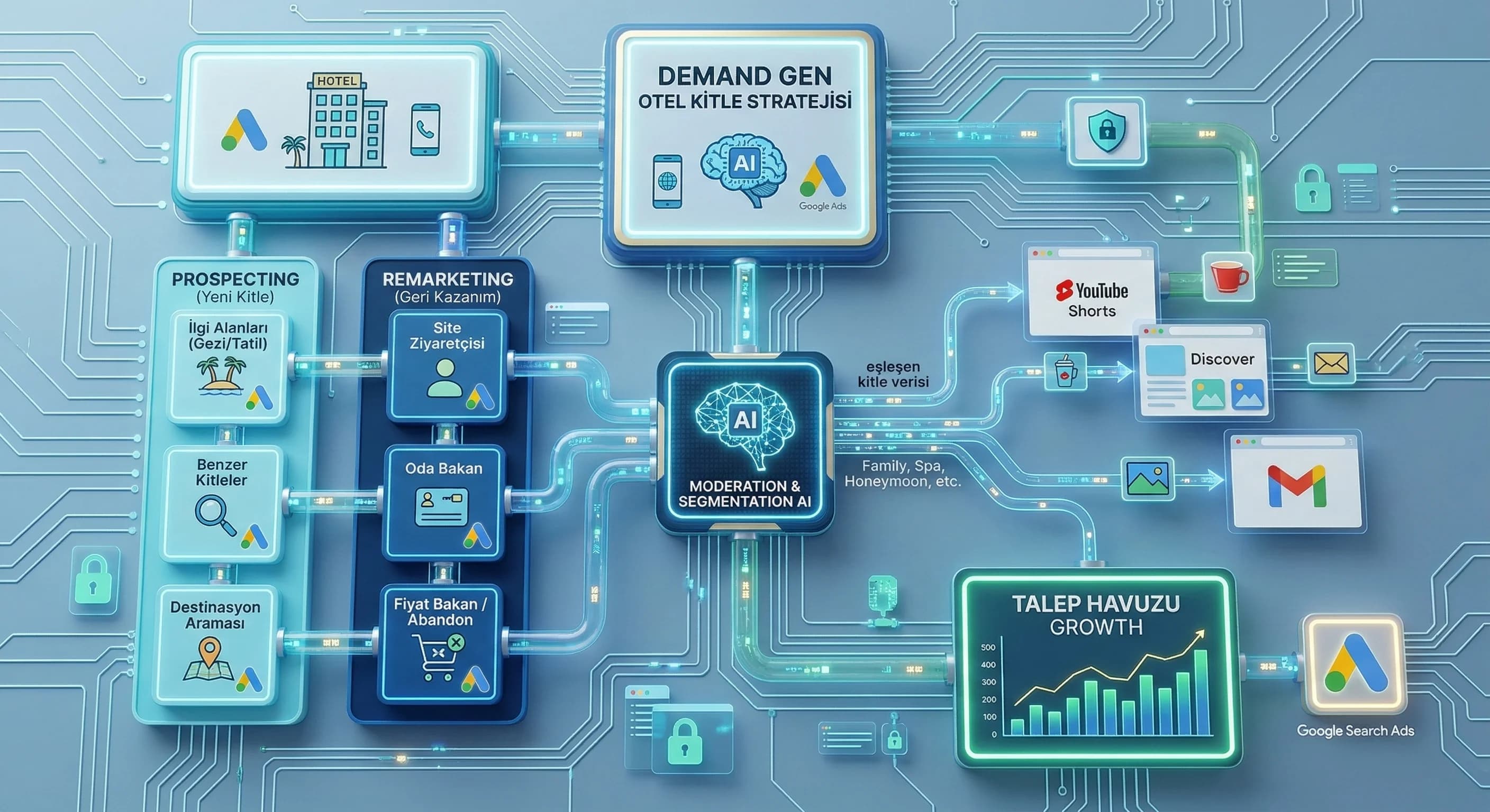 Prospecting ve remarketing birleşimiyle Demand Gen otel funnel diyagramı